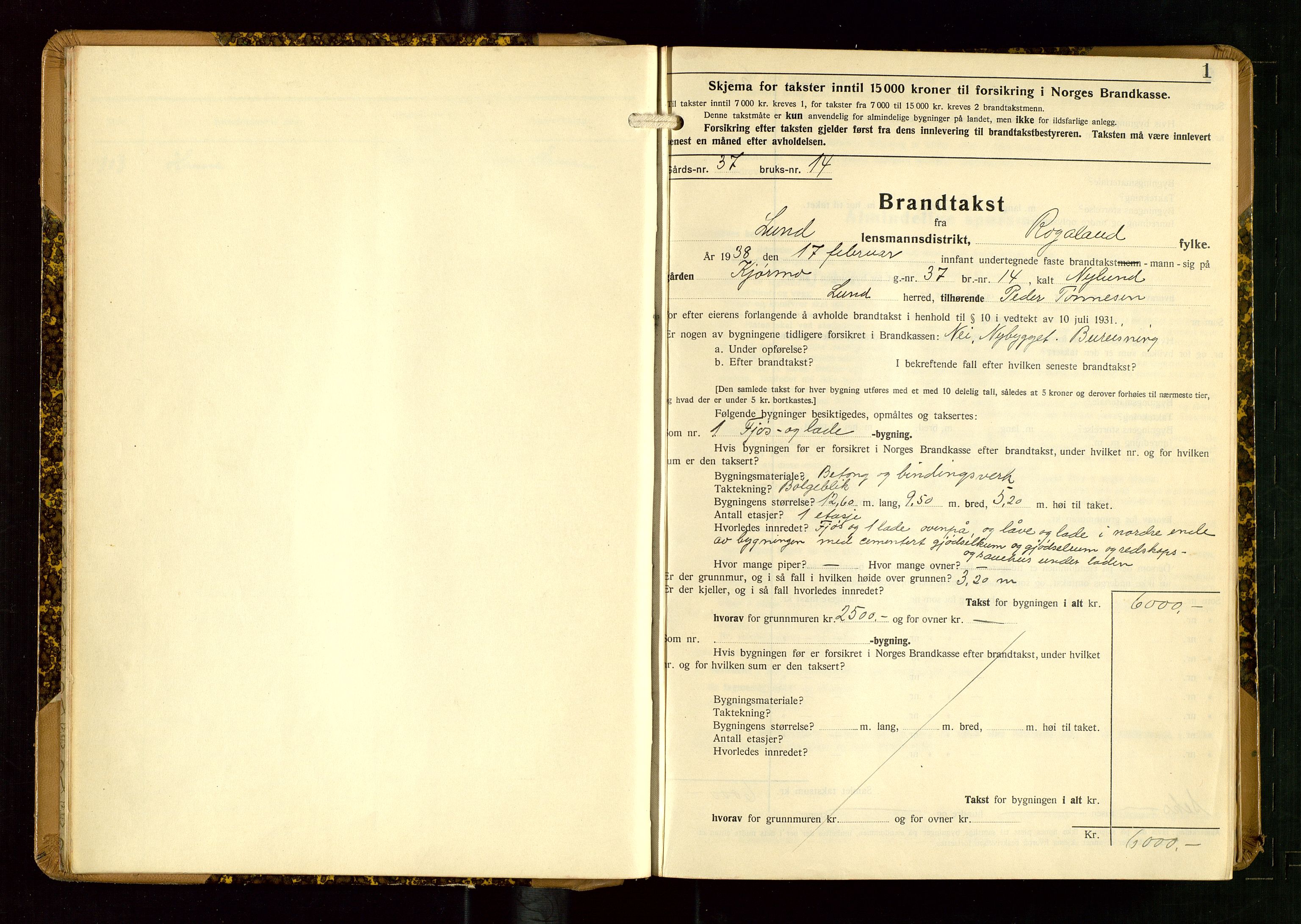 Lund lensmannskontor, AV/SAST-A-100303/Gob/L0006: "Brandtakstprotokoll", 1938-1951, s. 1