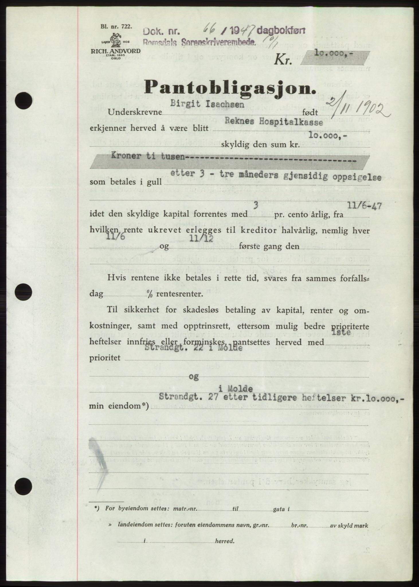 Romsdal sorenskriveri, SAT/A-4149/1/2/2C: Pantebok nr. B3, 1946-1948, Dagboknr: 66/1947