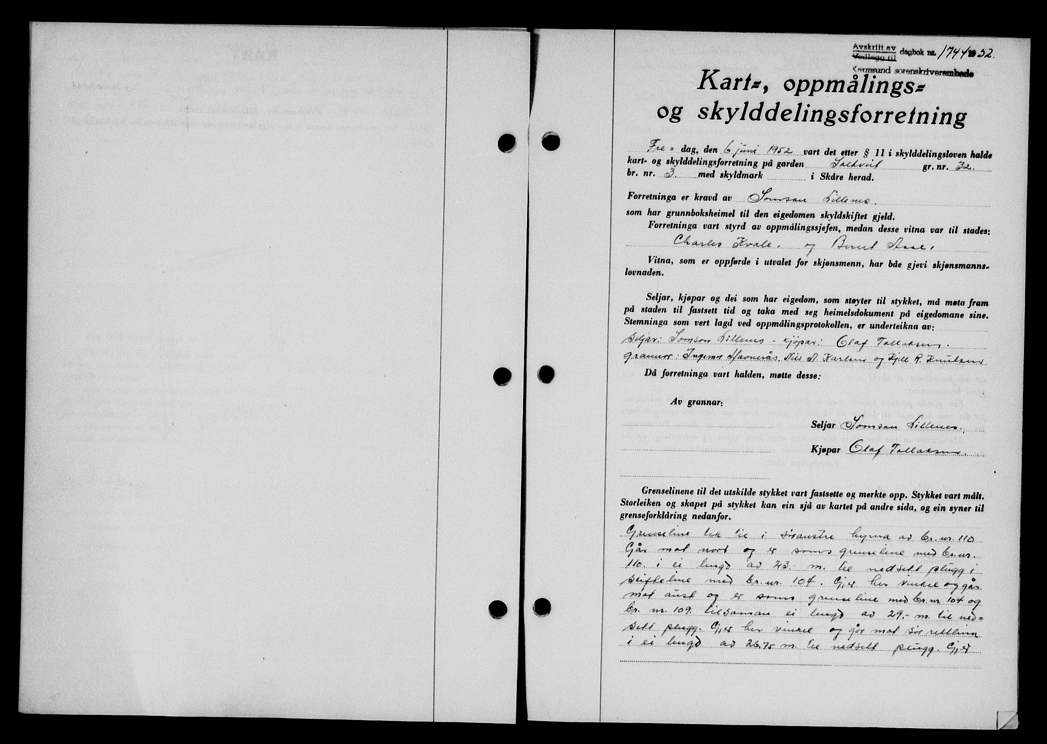 Karmsund sorenskriveri, SAST/A-100311/01/II/IIB/L0105: Pantebok nr. 85A, 1952-1952, Dagboknr: 1744/1952