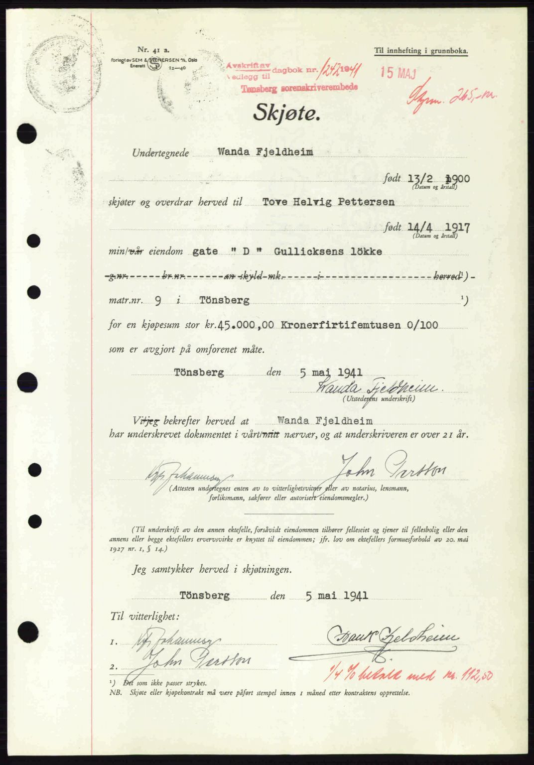 Tønsberg sorenskriveri, AV/SAKO-A-130/G/Ga/Gaa/L0010: Pantebok nr. A10, 1941-1941, Dagboknr: 1242/1941