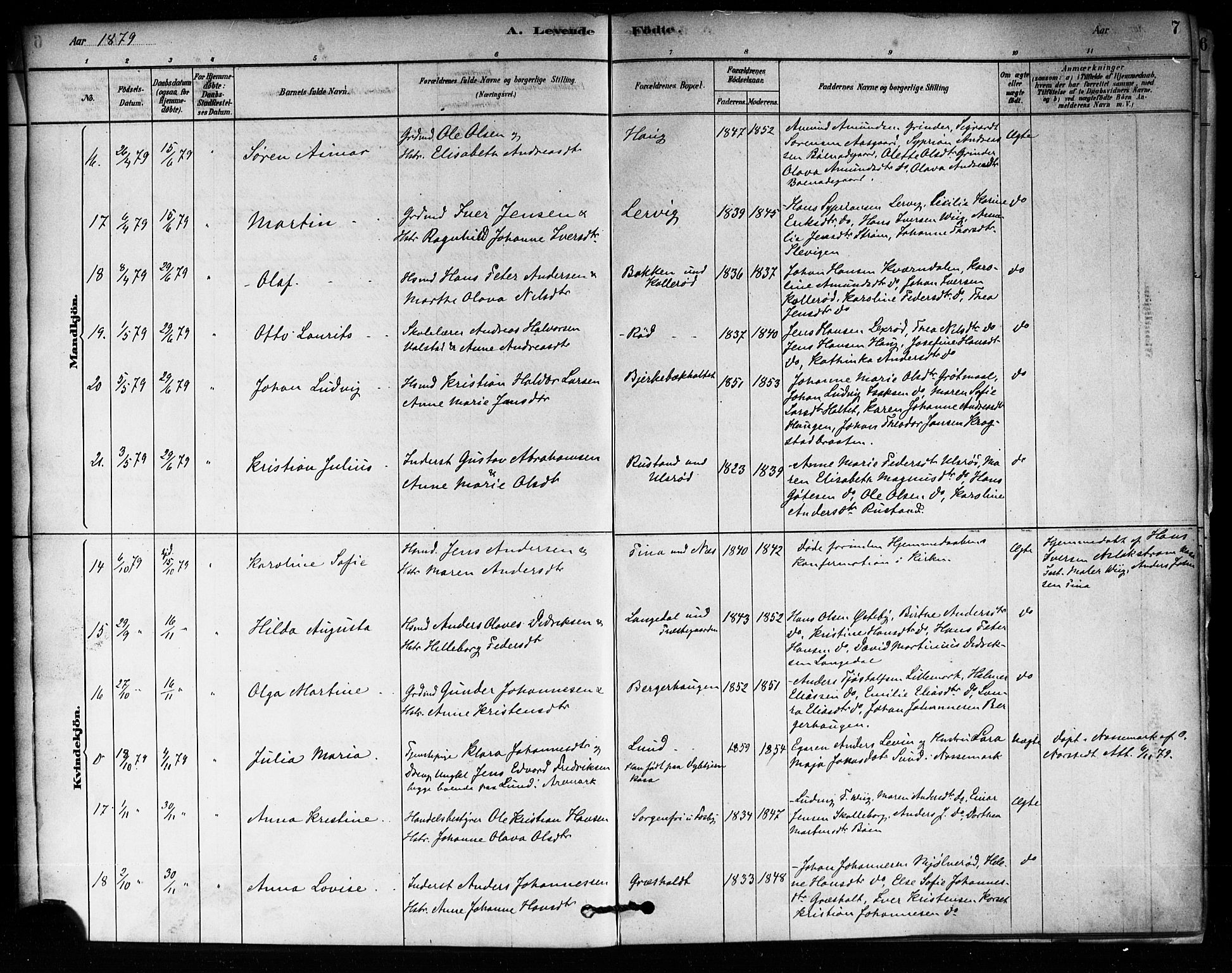 Aremark prestekontor Kirkebøker, AV/SAO-A-10899/F/Fa/L0005: Ministerialbok nr. I 5, 1878-1897, s. 7