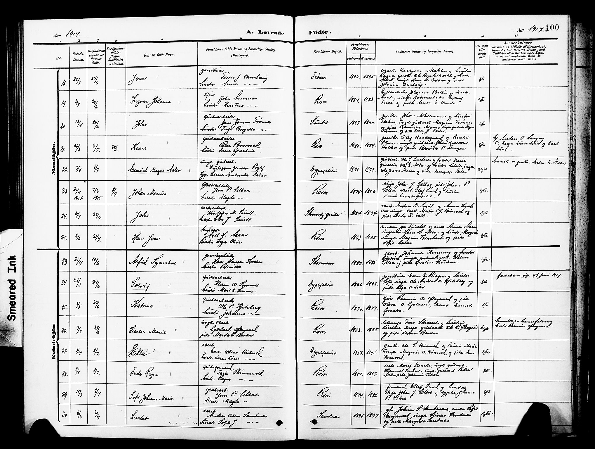 Ministerialprotokoller, klokkerbøker og fødselsregistre - Sør-Trøndelag, AV/SAT-A-1456/681/L0942: Klokkerbok nr. 681C06, 1906-1925, s. 100