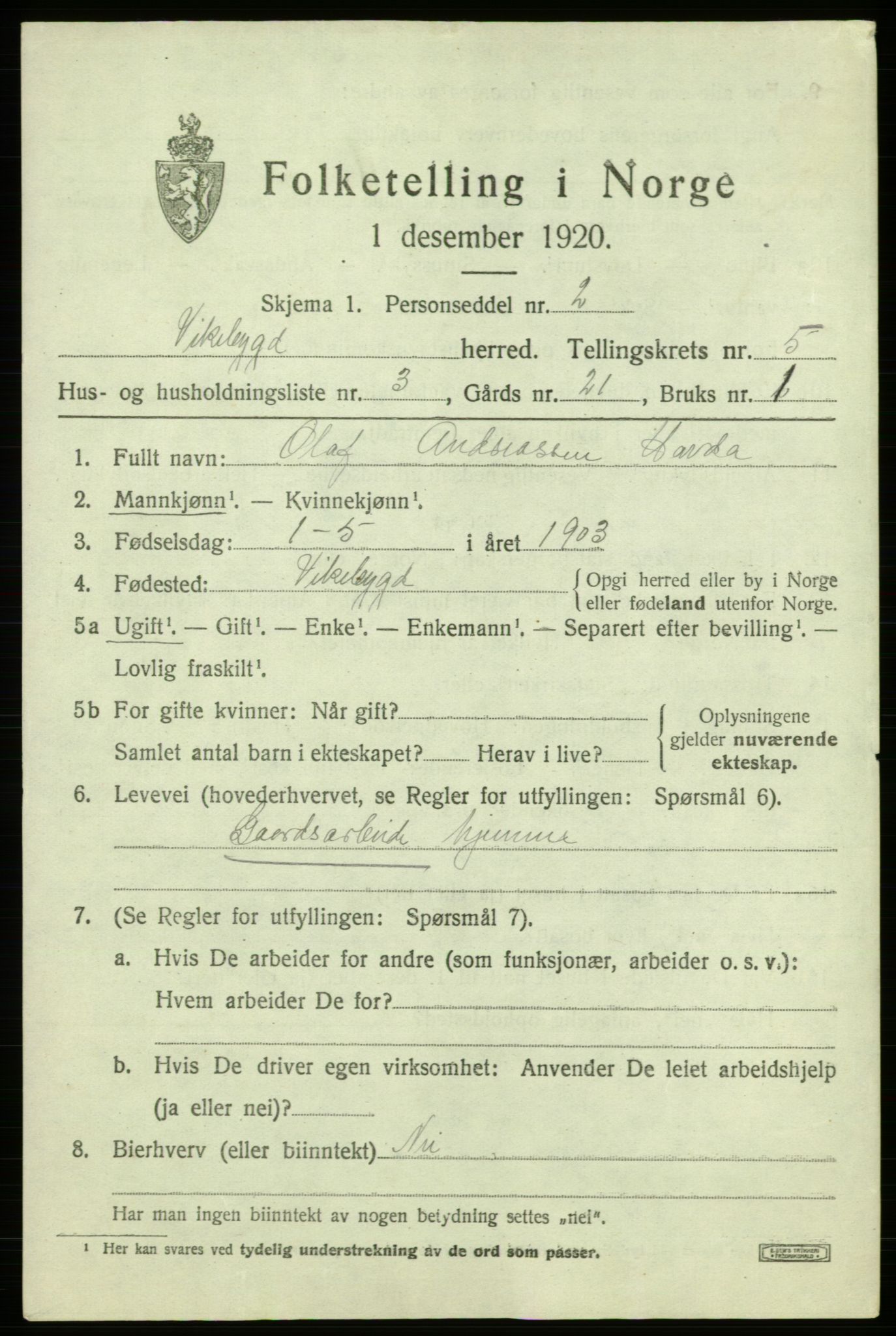 SAB, Folketelling 1920 for 1215 Vikebygd herred, 1920, s. 1695