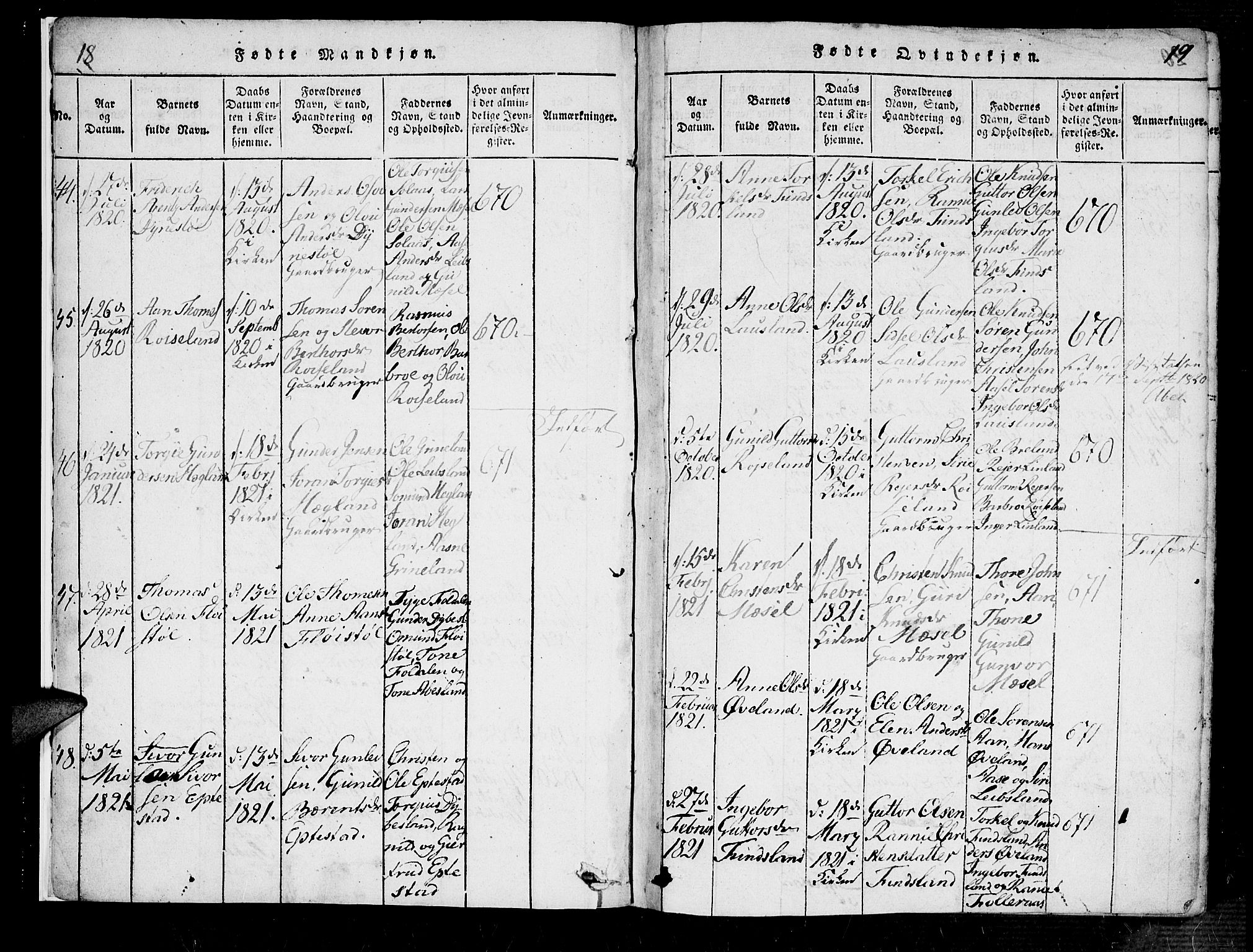 Bjelland sokneprestkontor, SAK/1111-0005/F/Fa/Fab/L0002: Ministerialbok nr. A 2, 1816-1869, s. 18-19