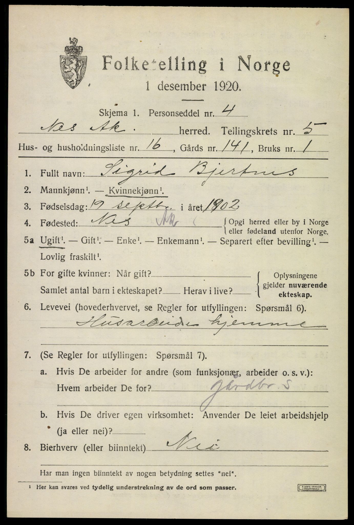 SAO, Folketelling 1920 for 0236 Nes herred, 1920, s. 6616