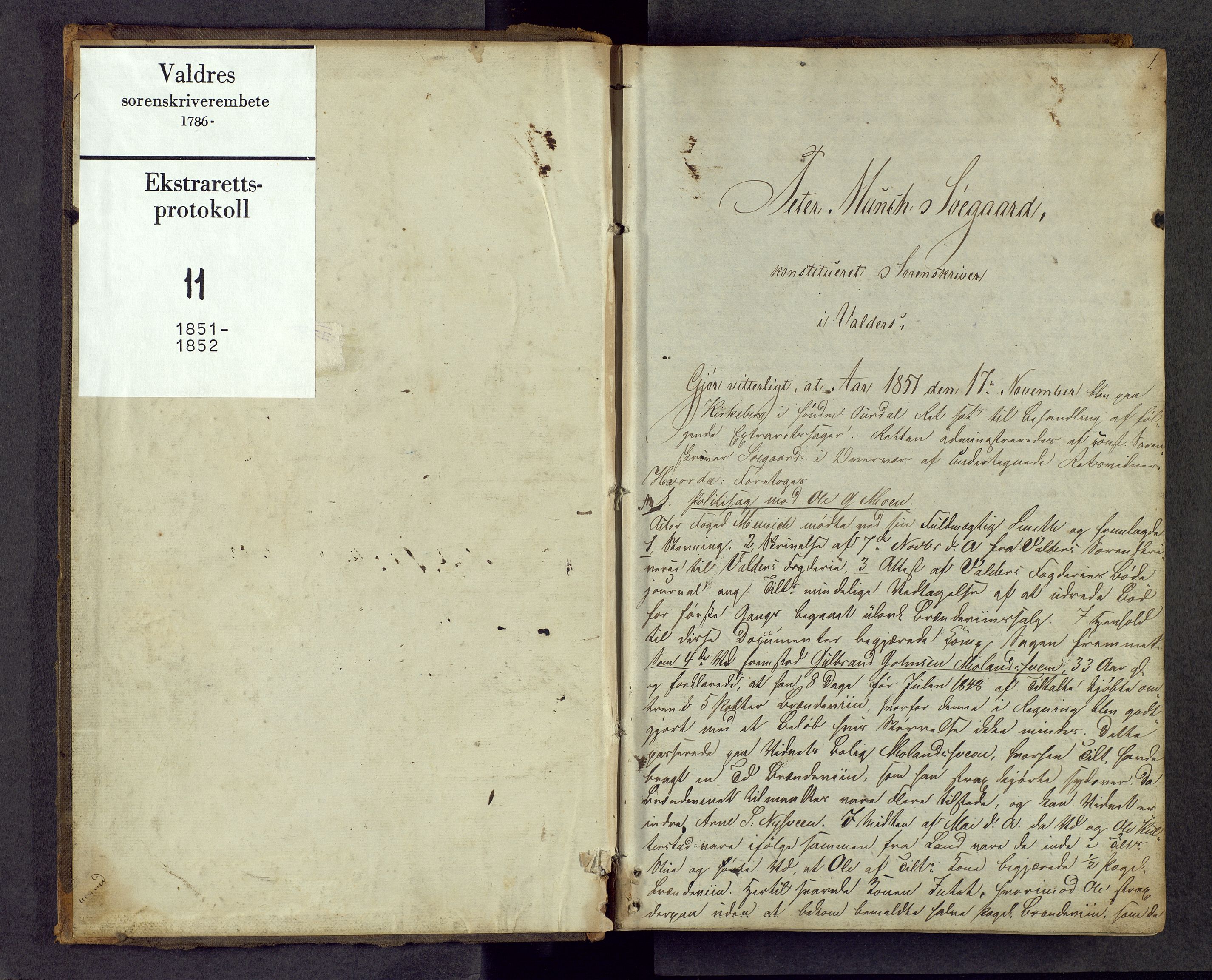 Valdres sorenskriveri, AV/SAH-TING-016/G/Gc/L0011: Ekstrarettsprotokoll, 1851-1852, s. 0b-1a