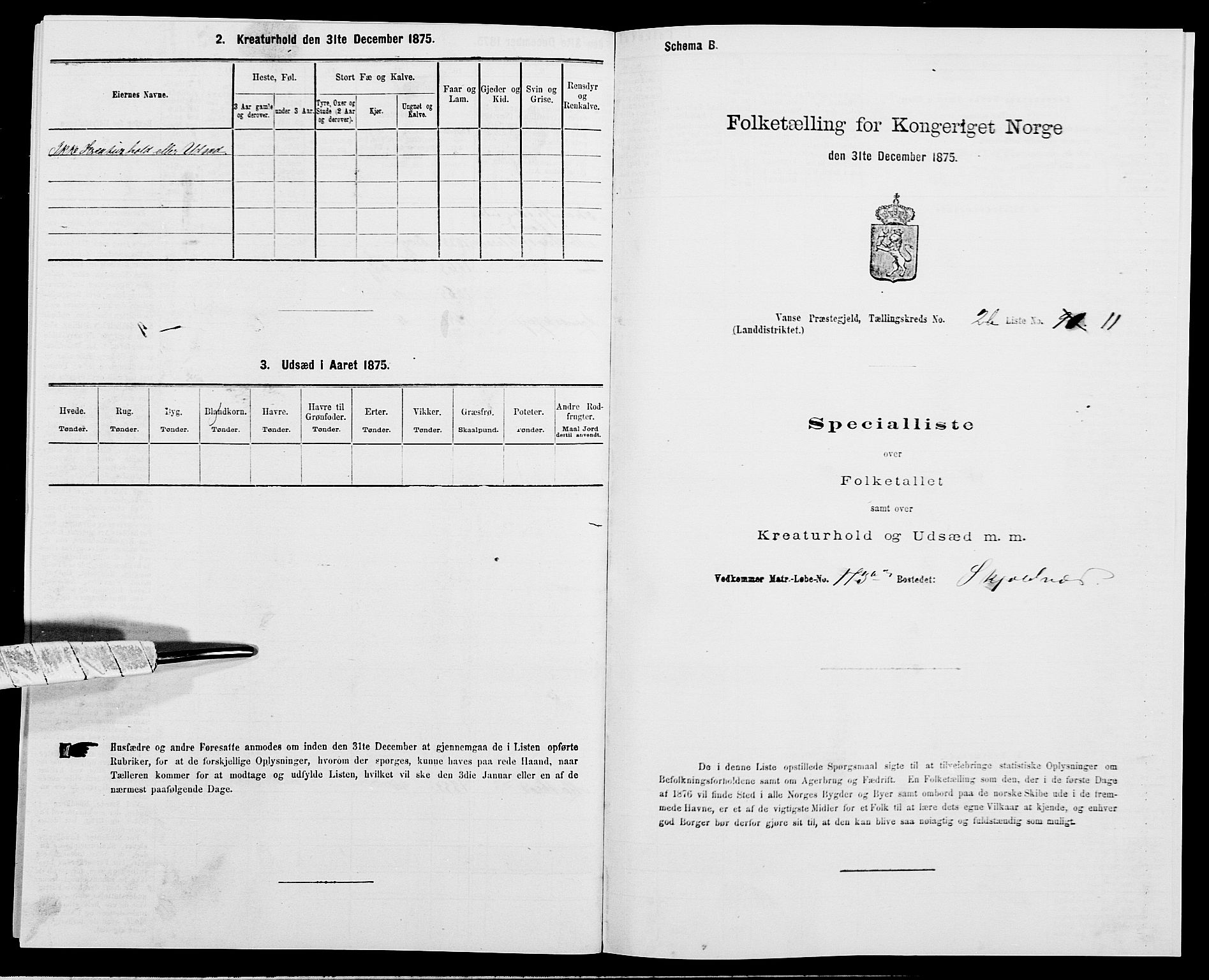 SAK, Folketelling 1875 for 1041L Vanse prestegjeld, Vanse sokn og Farsund landsokn, 1875, s. 485