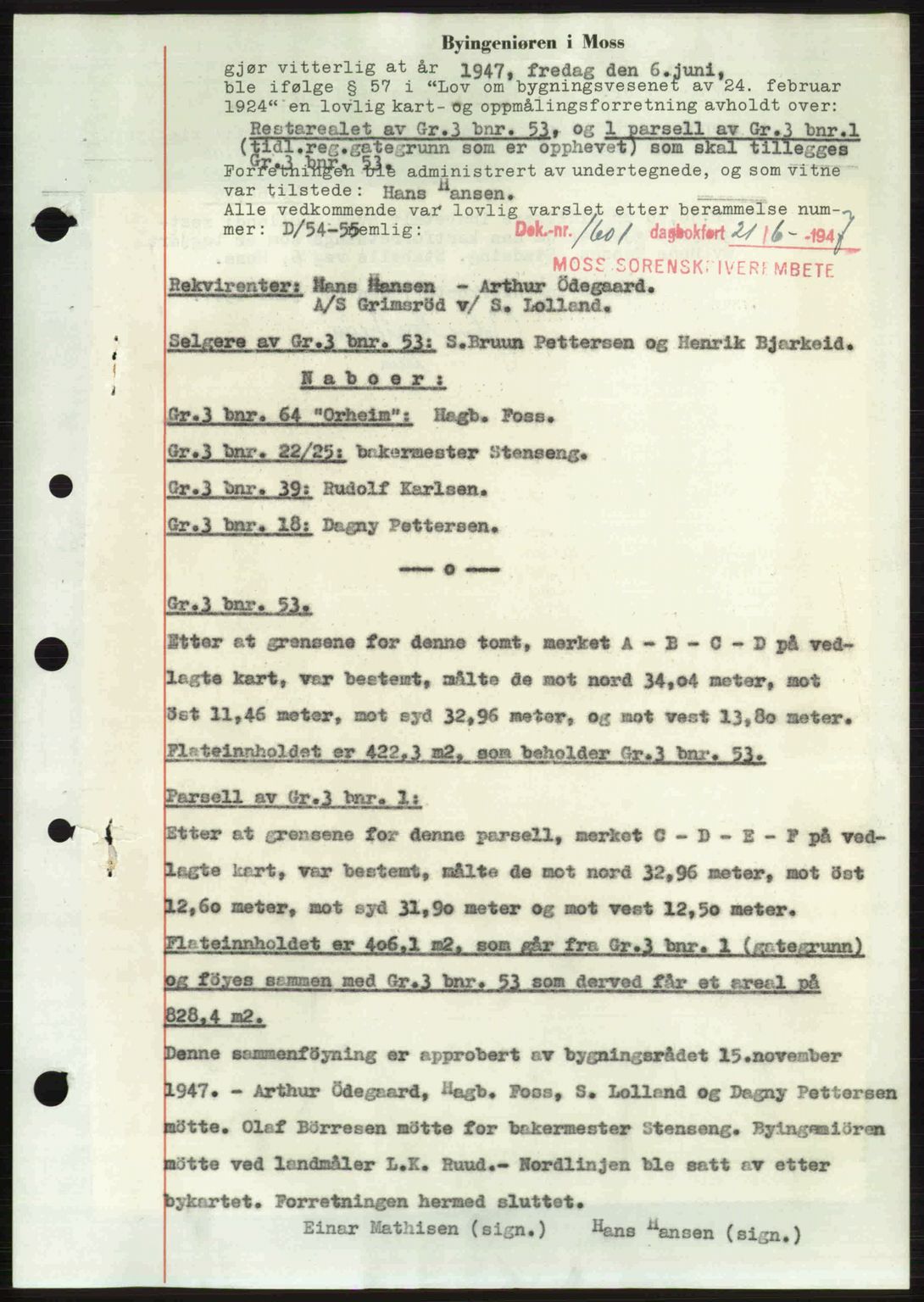 Moss sorenskriveri, SAO/A-10168: Pantebok nr. A17, 1947-1947, Dagboknr: 1601/1947