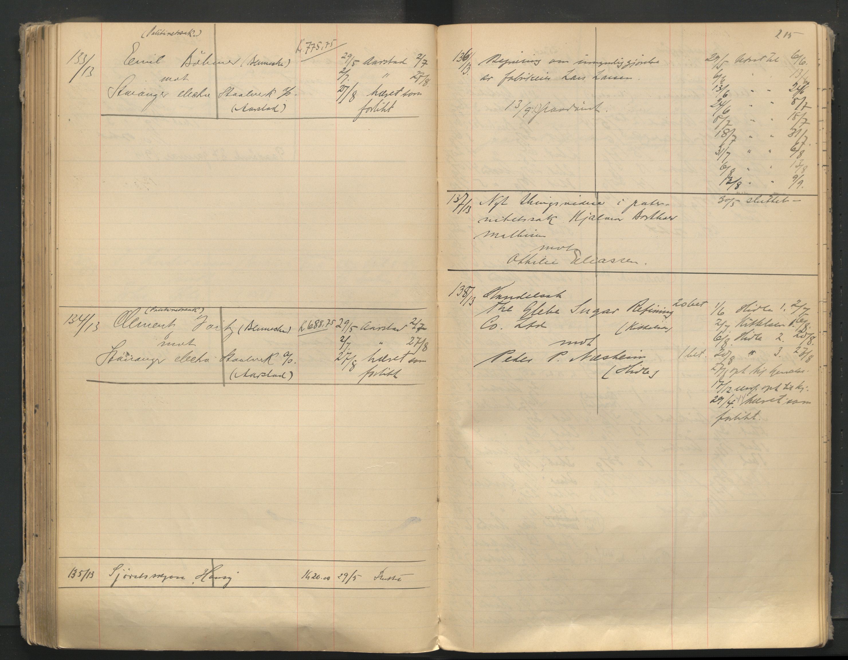 Stavanger byfogd, AV/SAST-A-101408/001/3/32/32A/L0005: Saksliste for Stavanger byting, 1910-1914, s. 214-215