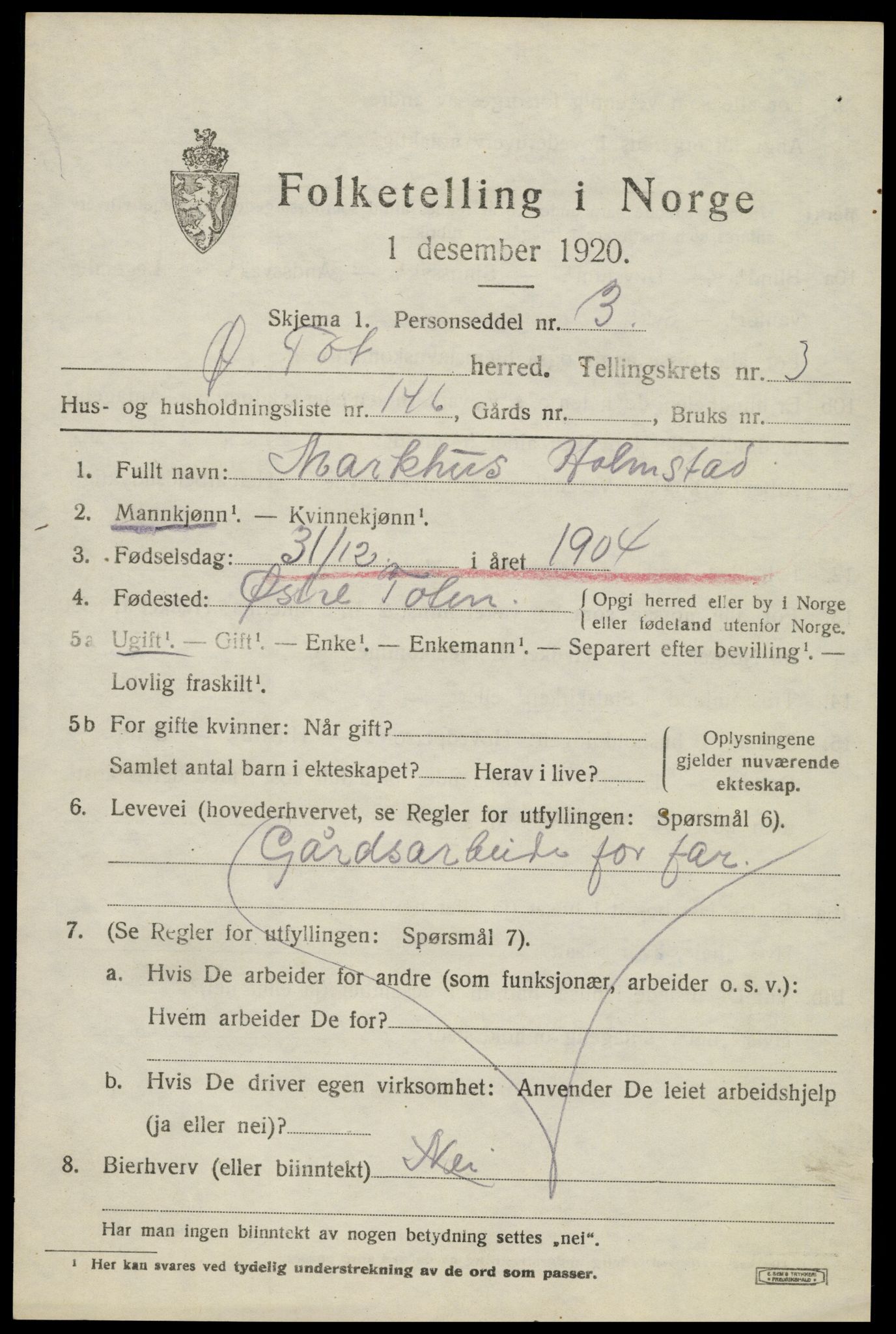 SAH, Folketelling 1920 for 0528 Østre Toten herred, 1920, s. 7636