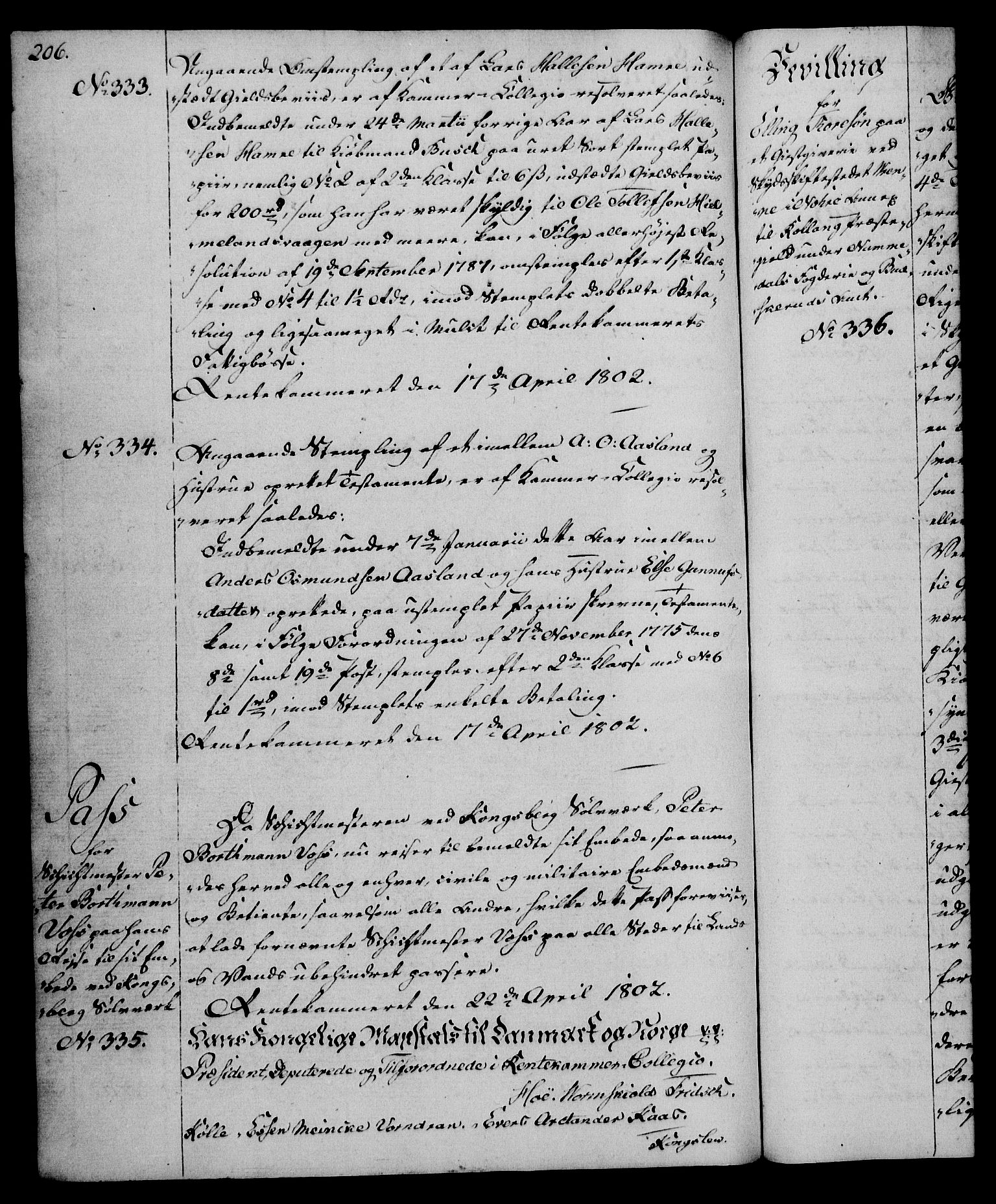 Rentekammeret, Kammerkanselliet, AV/RA-EA-3111/G/Gg/Gga/L0017: Norsk ekspedisjonsprotokoll med register (merket RK 53.17), 1801-1803, s. 206