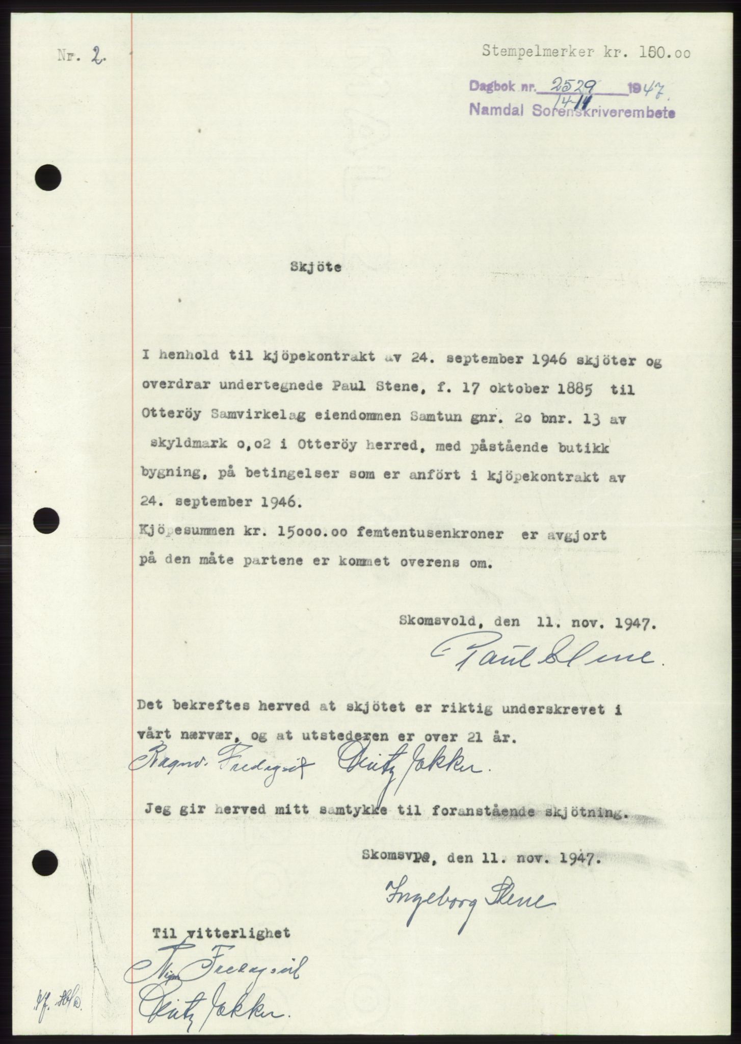 Namdal sorenskriveri, SAT/A-4133/1/2/2C: Pantebok nr. -, 1947-1948, Dagboknr: 2529/1947