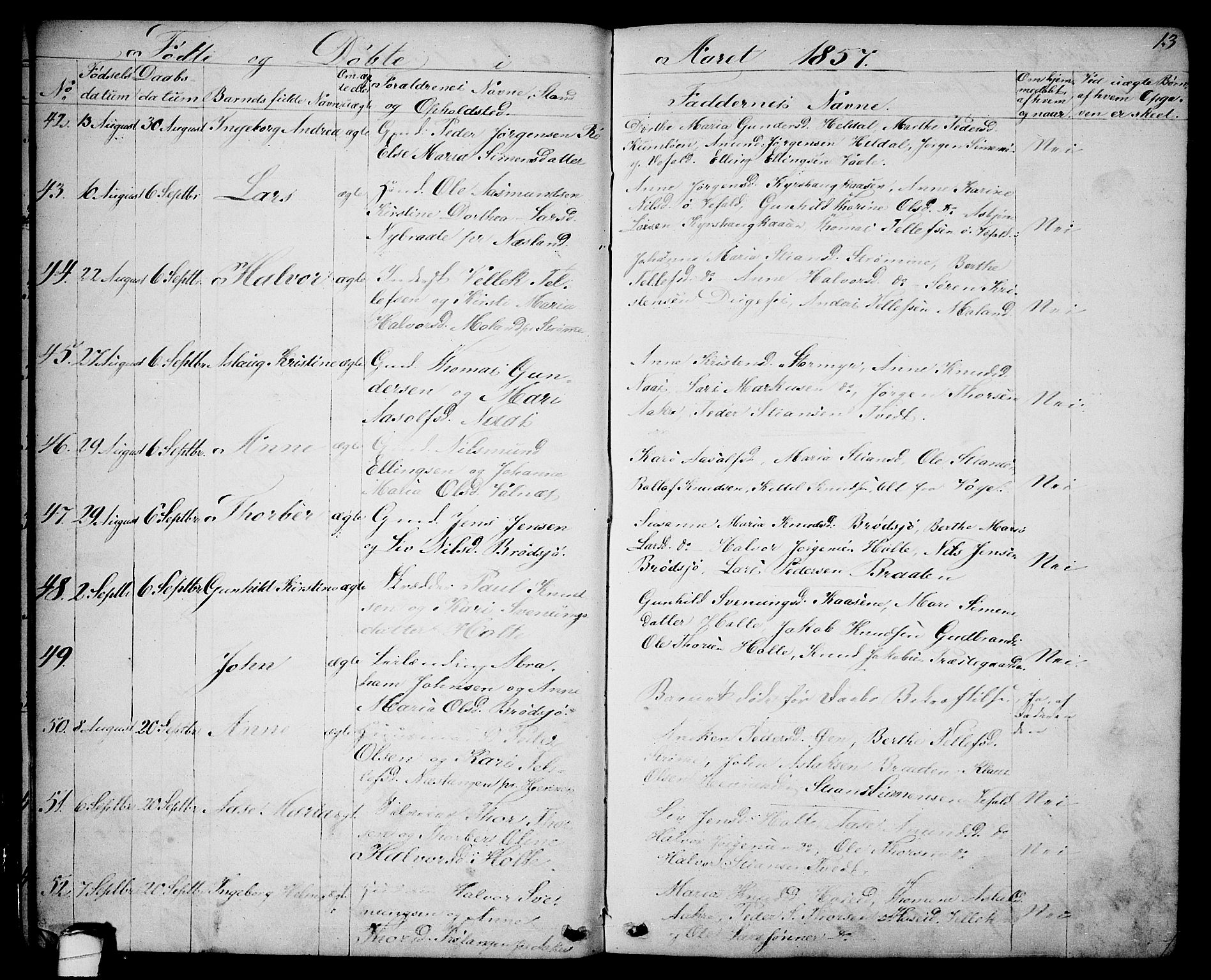 Drangedal kirkebøker, AV/SAKO-A-258/G/Ga/L0002: Klokkerbok nr. I 2, 1856-1887, s. 13