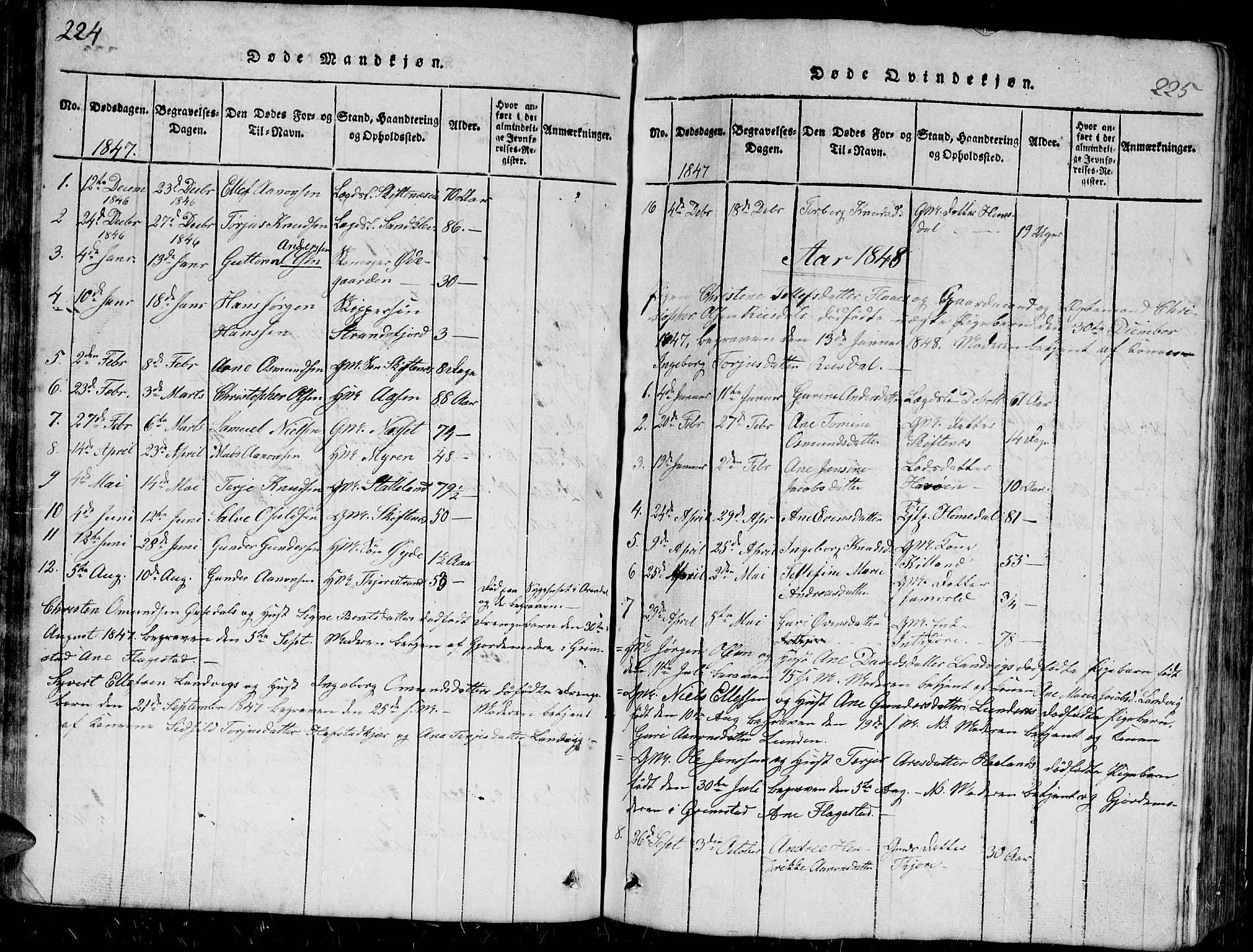 Hommedal sokneprestkontor, AV/SAK-1111-0023/F/Fb/Fbb/L0003: Klokkerbok nr. B 3 /1, 1816-1850, s. 224-225