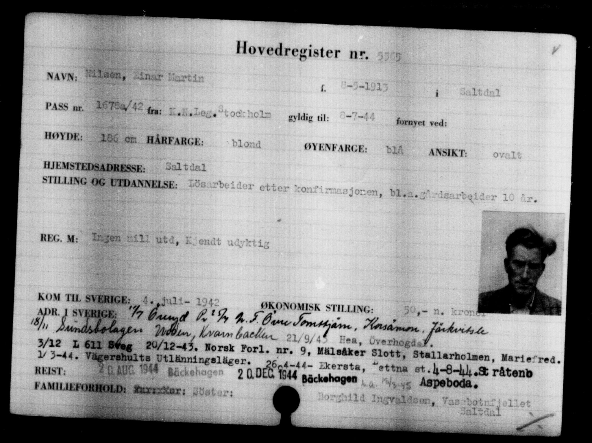 Utenriksstasjonene, Legasjonen i Stockholm, Flyktningkontoret, AV/RA-S-6753/V/Va/L0004: Kjesäterkartoteket, flyktninger med registreringsnr. 3496-6610, 1940-1945, s. 2395