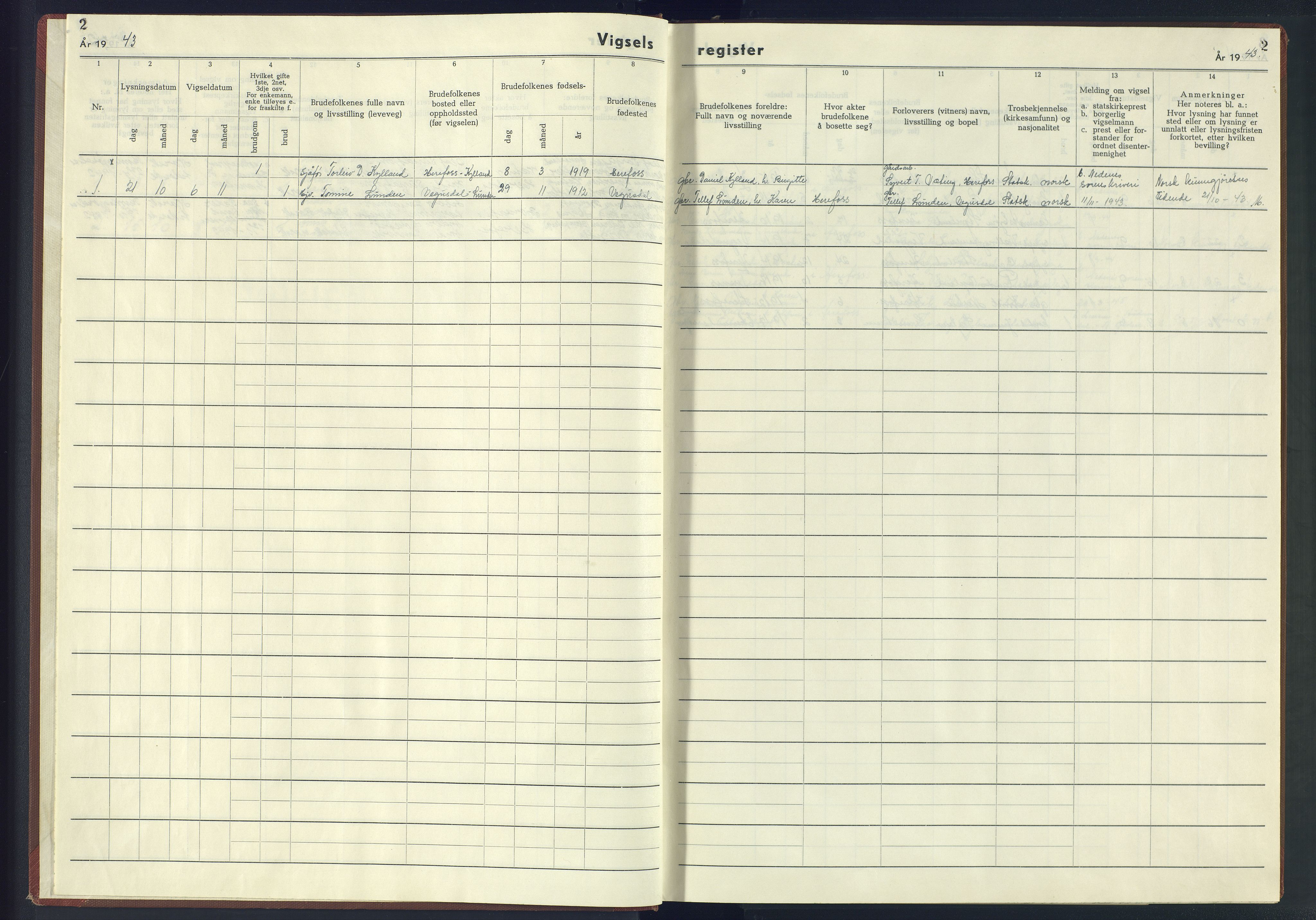 Herefoss sokneprestkontor, SAK/1111-0019/J/Jb/L0004: Vigselsregister nr. II.6.4, 1942-1945, s. 2