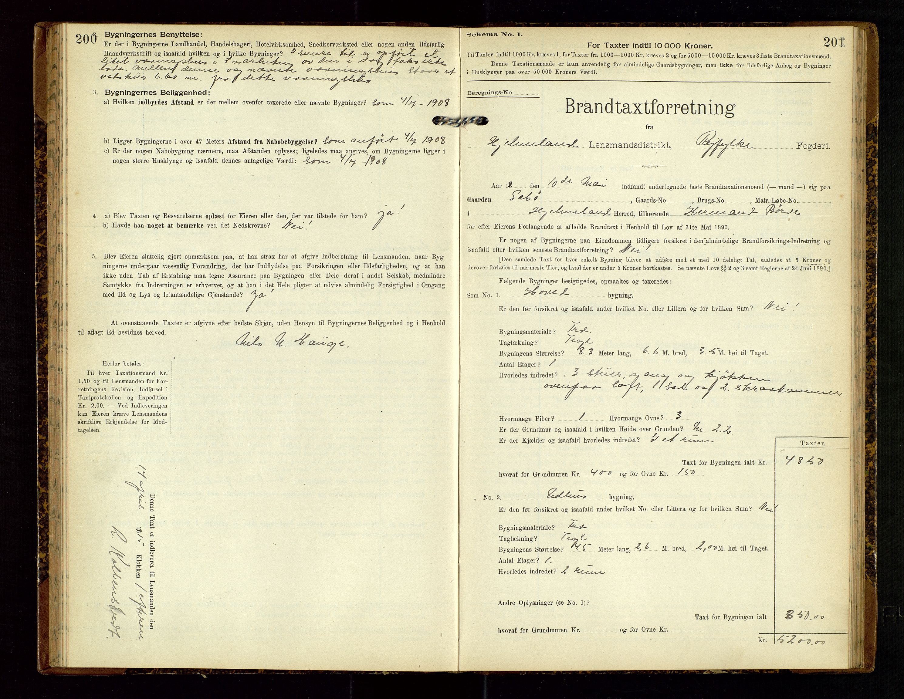 Hjelmeland lensmannskontor, SAST/A-100439/Gob/L0002: "Brandtaxationsprotokol", 1904-1920, s. 200-201