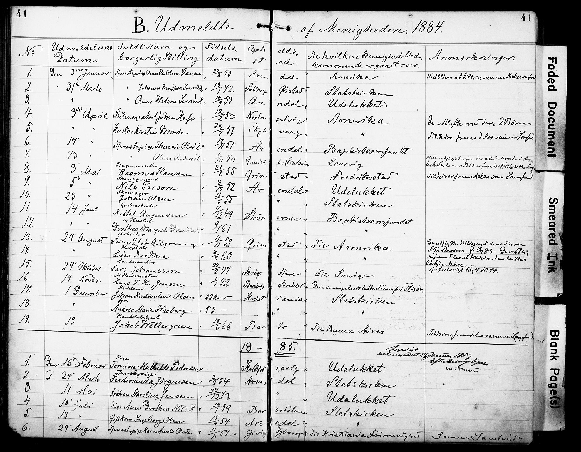 Den evangelisk-lutherske frimenighet, Arendal, AV/SAK-1292-0005/F/Fa/L0002: Dissenterprotokoll nr. F 6, 1884-1908, s. 41