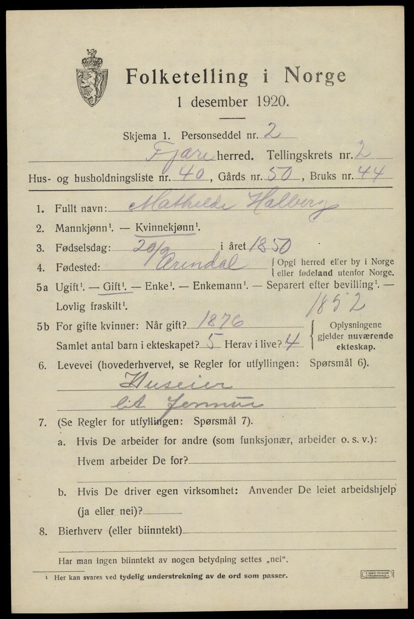 SAK, Folketelling 1920 for 0923 Fjære herred, 1920, s. 3723