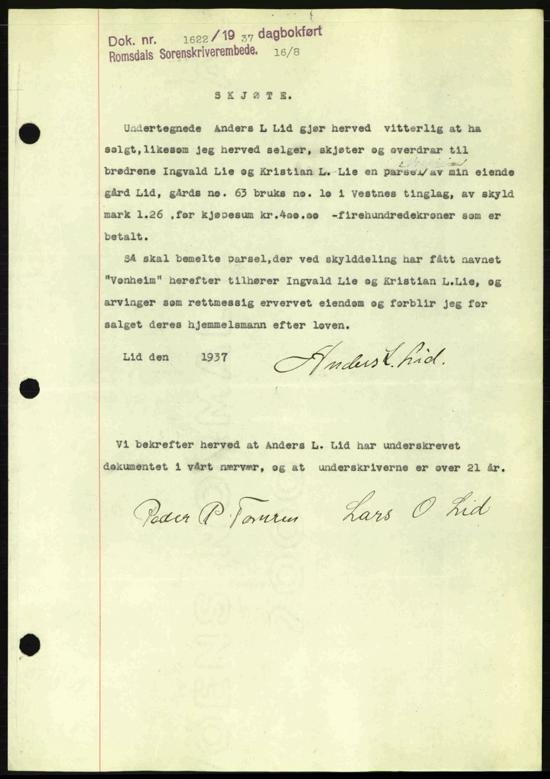 Romsdal sorenskriveri, SAT/A-4149/1/2/2C: Pantebok nr. A3, 1937-1937, Dagboknr: 1622/1937