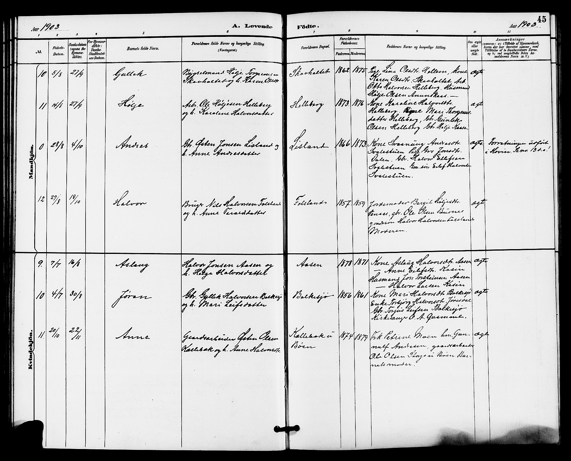 Gransherad kirkebøker, AV/SAKO-A-267/G/Ga/L0003: Klokkerbok nr. I 3, 1887-1915, s. 45