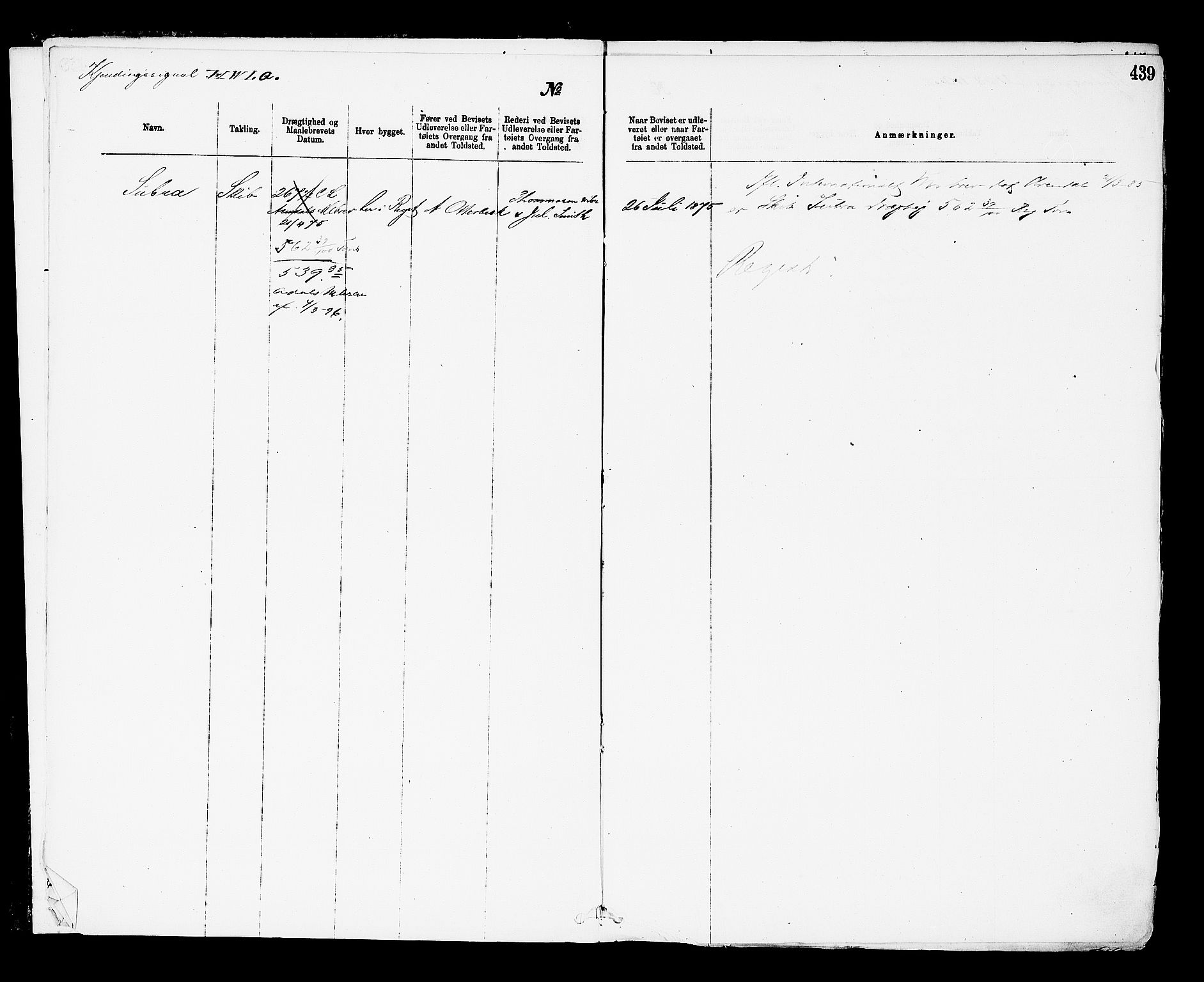Arendal tollsted, AV/SAK-1351-0003/H/Ha/L0643: Protokoll over utleverte nasjonalitetsbevis, 1875-1892, s. 439