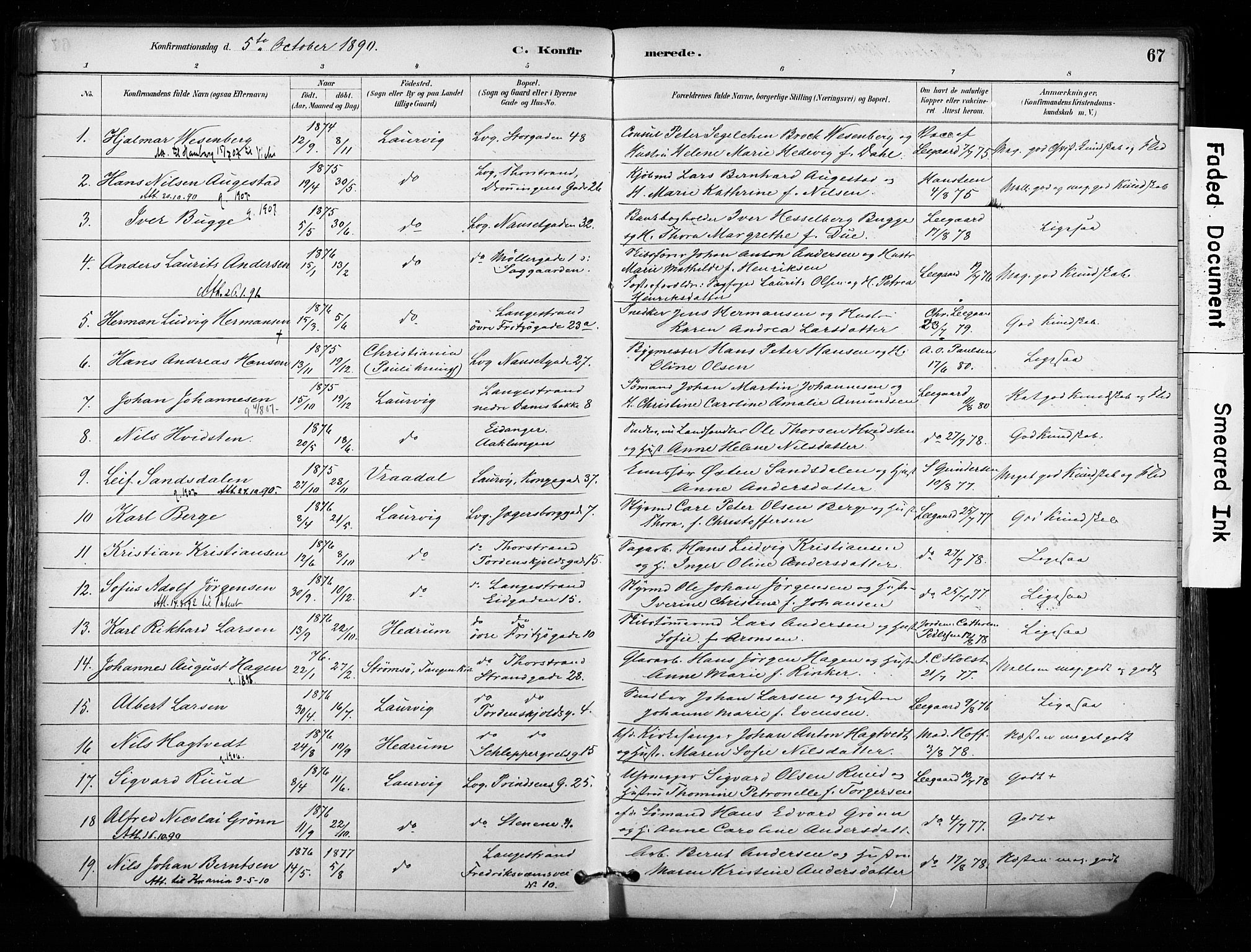 Larvik kirkebøker, AV/SAKO-A-352/F/Fa/L0008: Ministerialbok nr. I 8, 1884-1902, s. 67