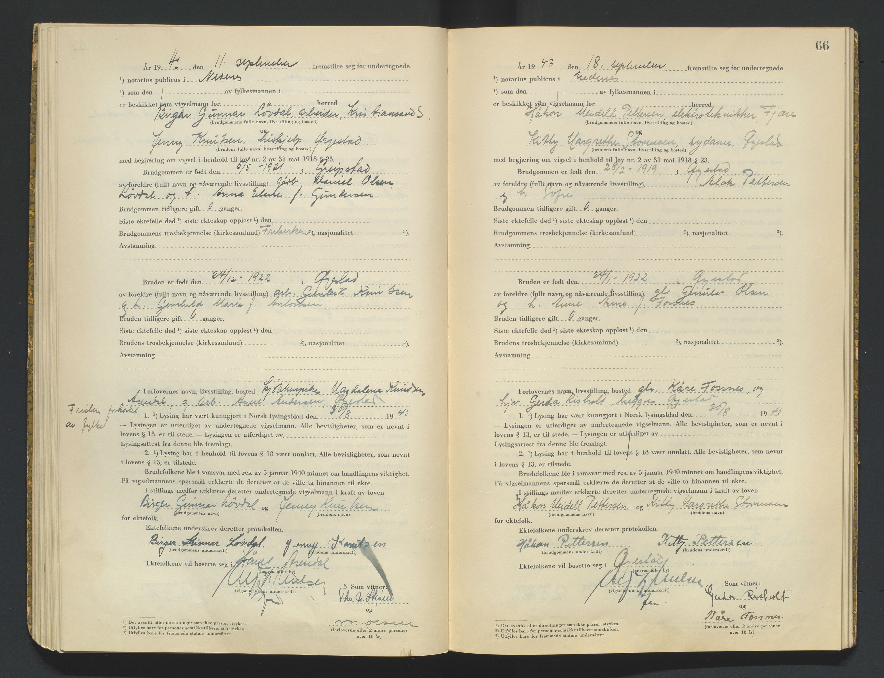 Nedenes sorenskriveri, AV/SAK-1221-0006/L/Ld/L0002/0002: Vigselsbøker / Vigselbok, 1942-1943, s. 66