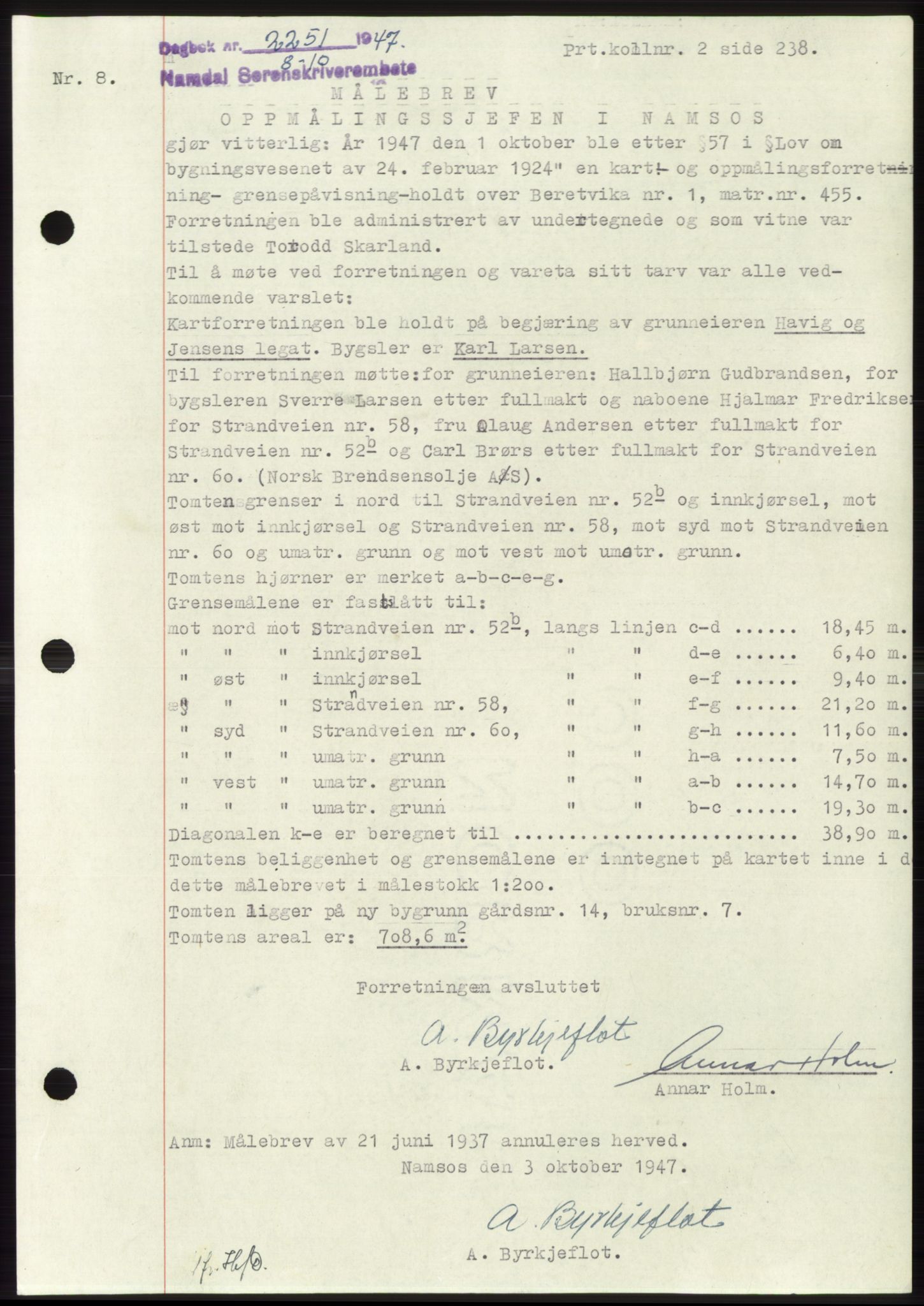 Namdal sorenskriveri, SAT/A-4133/1/2/2C: Pantebok nr. -, 1947-1947, Dagboknr: 2251/1947