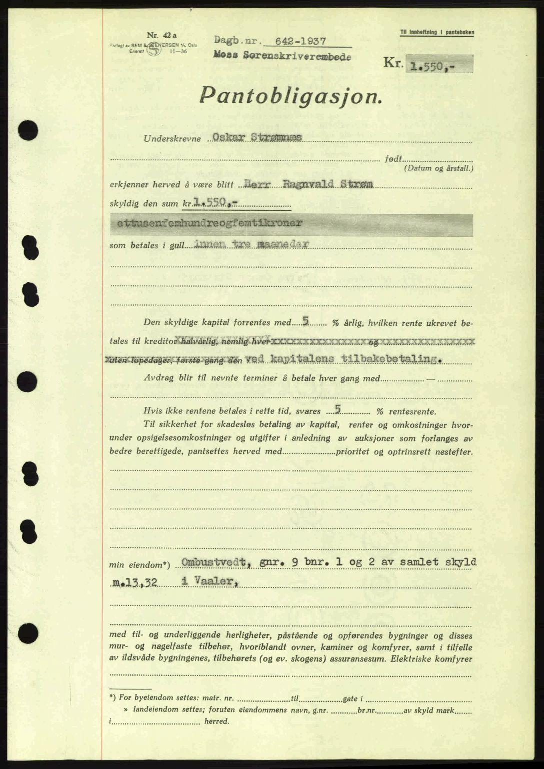 Moss sorenskriveri, SAO/A-10168: Pantebok nr. B3, 1937-1937, Dagboknr: 642/1937