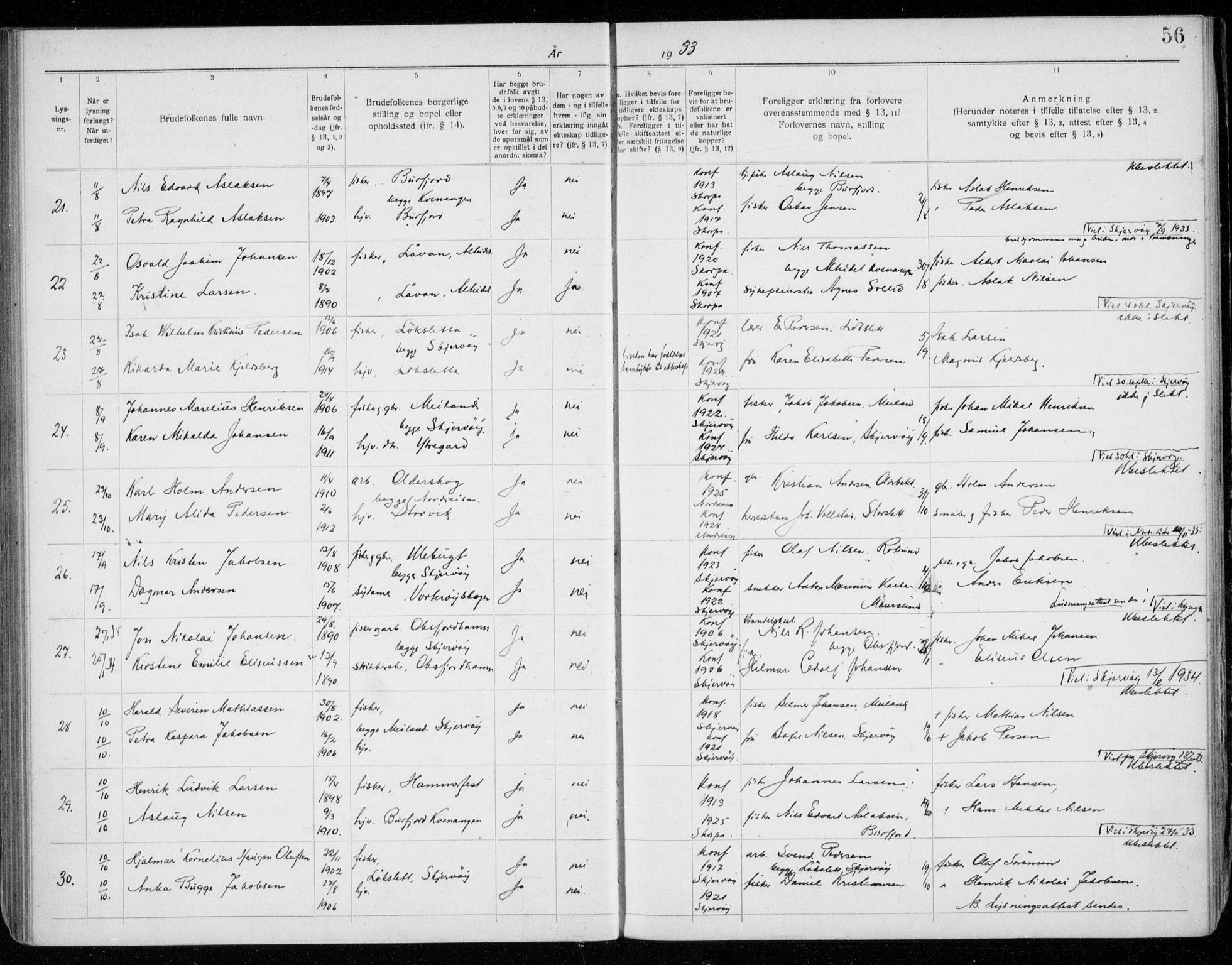 Skjervøy sokneprestkontor, AV/SATØ-S-1300/I/Ib/L0063: Lysningsprotokoll nr. 63, 1919-1940, s. 56