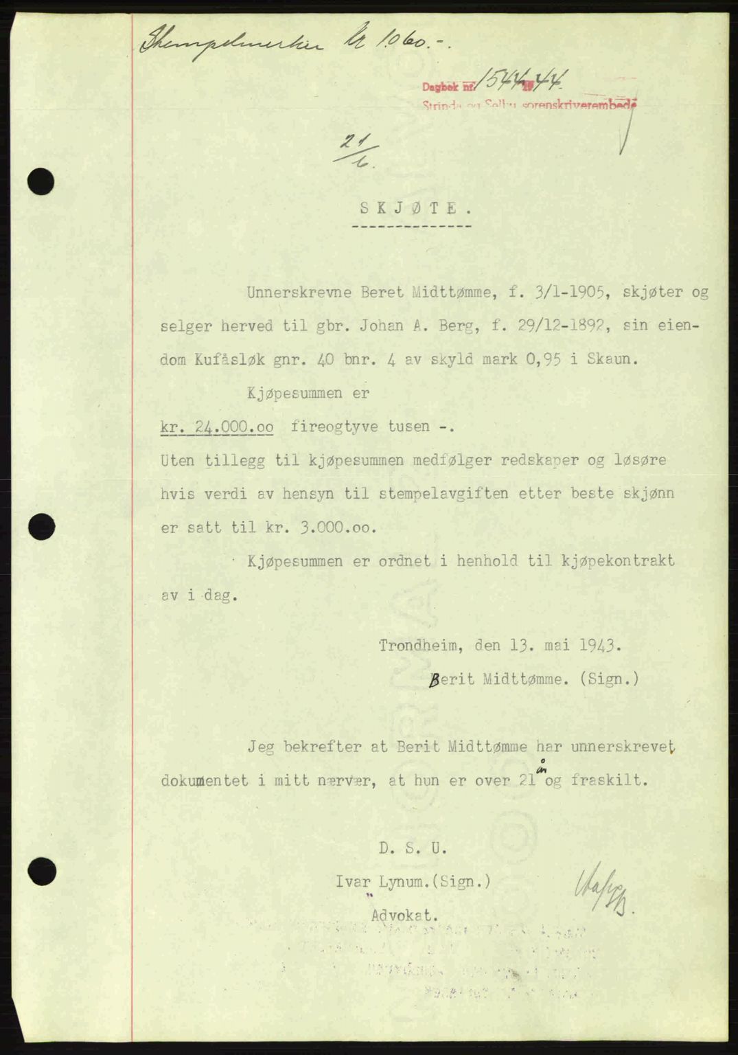 Strinda og Selbu sorenskriveri, SAT/A-0015/2/2C: Pantebok nr. A9, 1944-1945, Dagboknr: 1544/1944