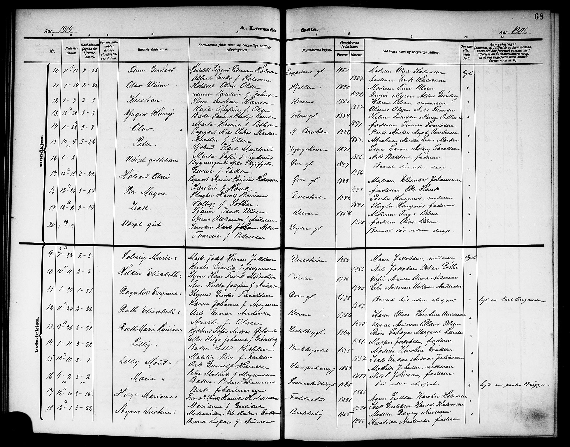 Skien kirkebøker, AV/SAKO-A-302/G/Ga/L0009: Klokkerbok nr. 9, 1910-1920, s. 68