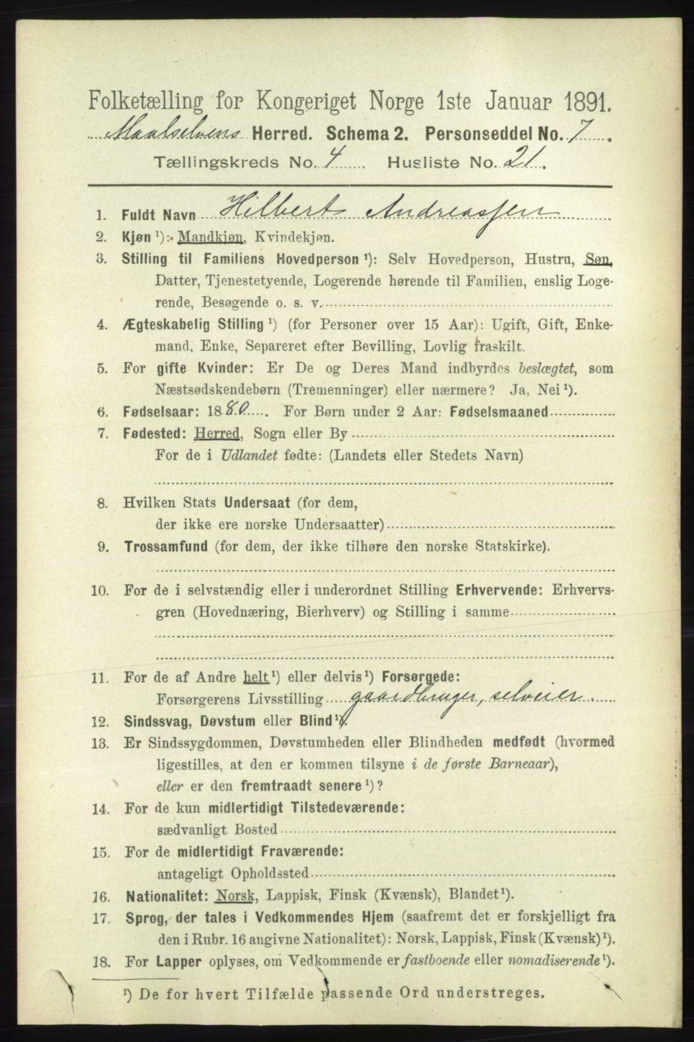 RA, Folketelling 1891 for 1924 Målselv herred, 1891, s. 1222