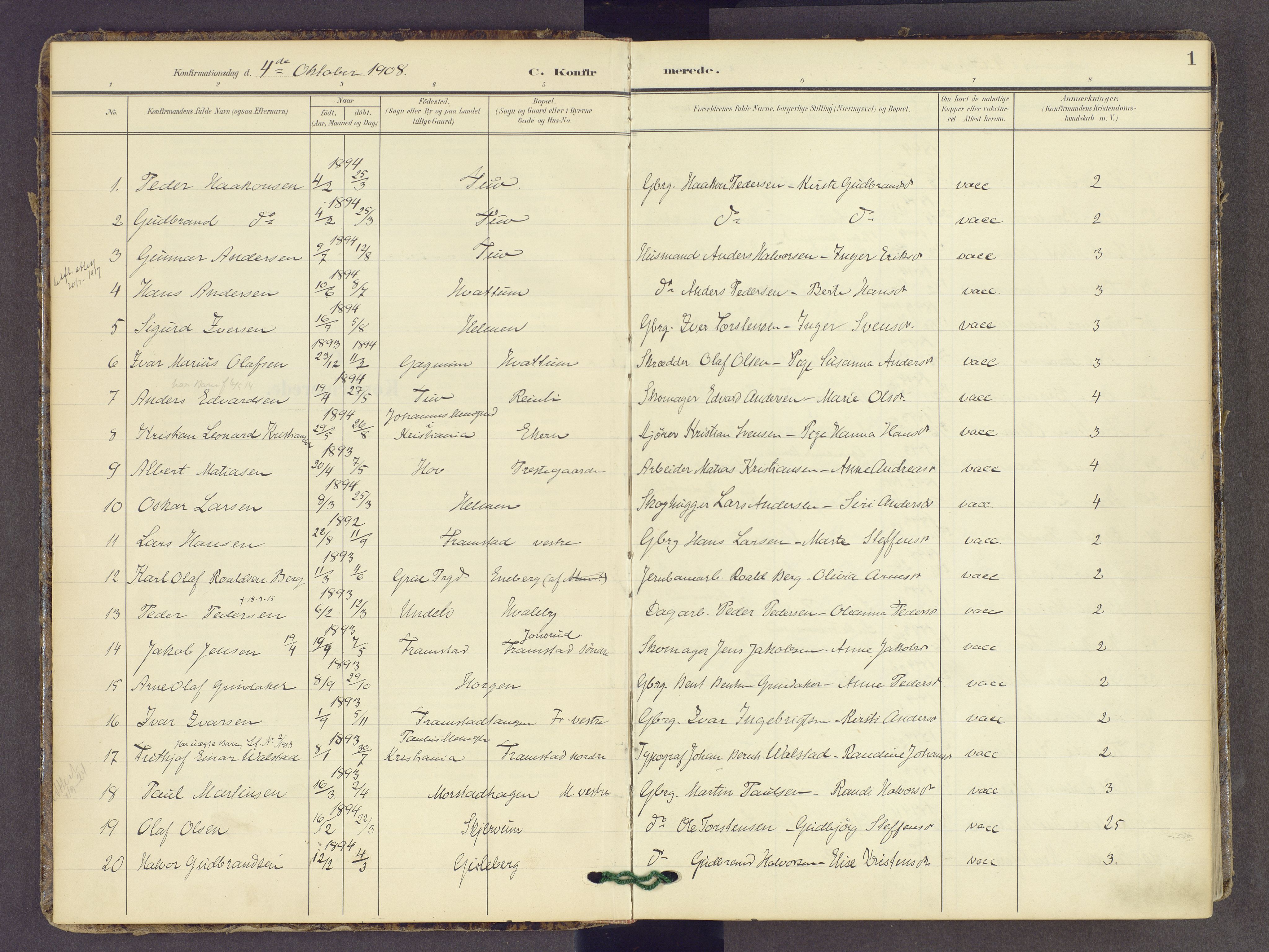 Gran prestekontor, AV/SAH-PREST-112/H/Ha/Haa/L0022: Ministerialbok nr. 22, 1908-1918, s. 1