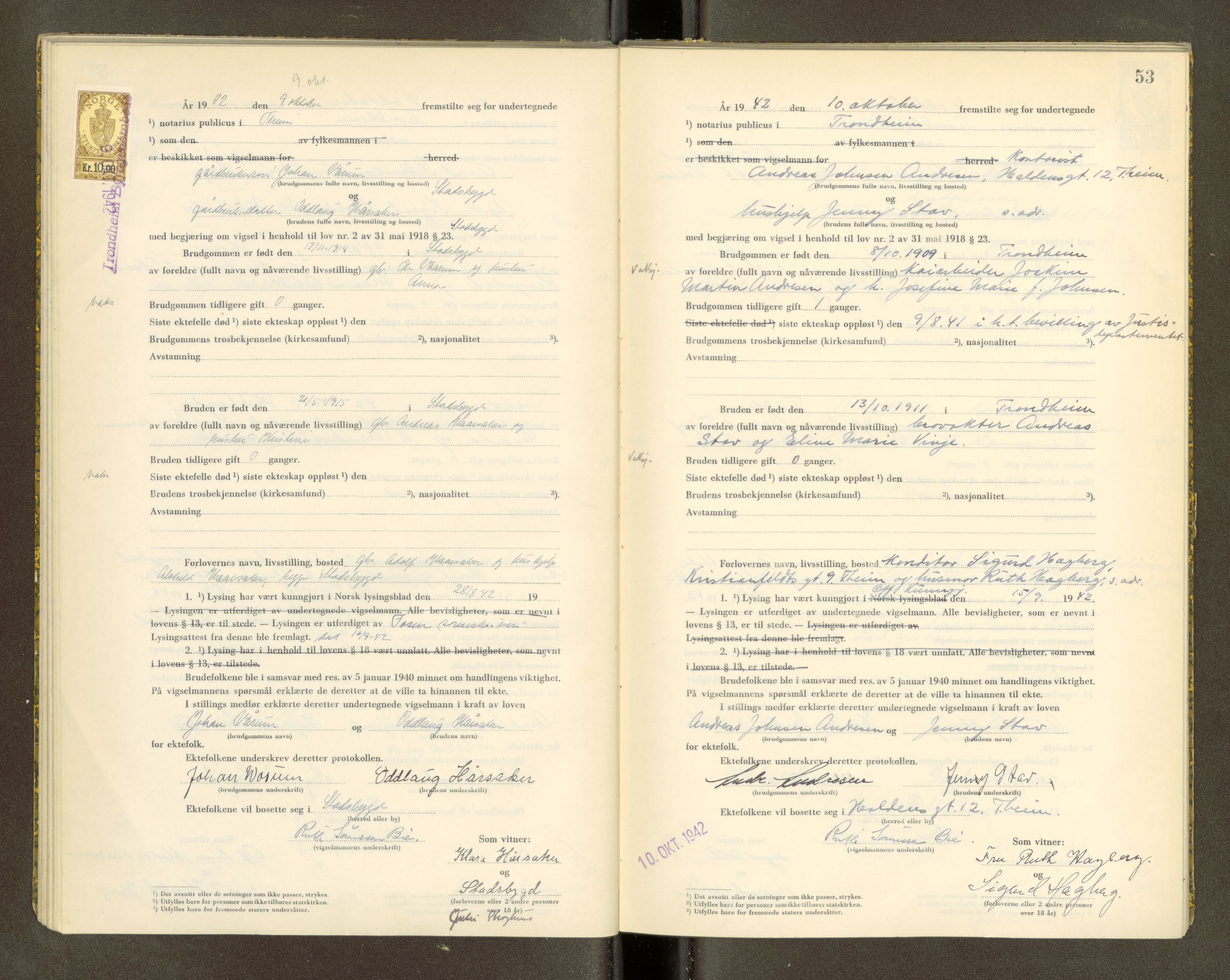 Trondheim byfogd, AV/SAT-A-0003/1/6/6D/L0003: Vigselbøker, 1942-1943, s. 53