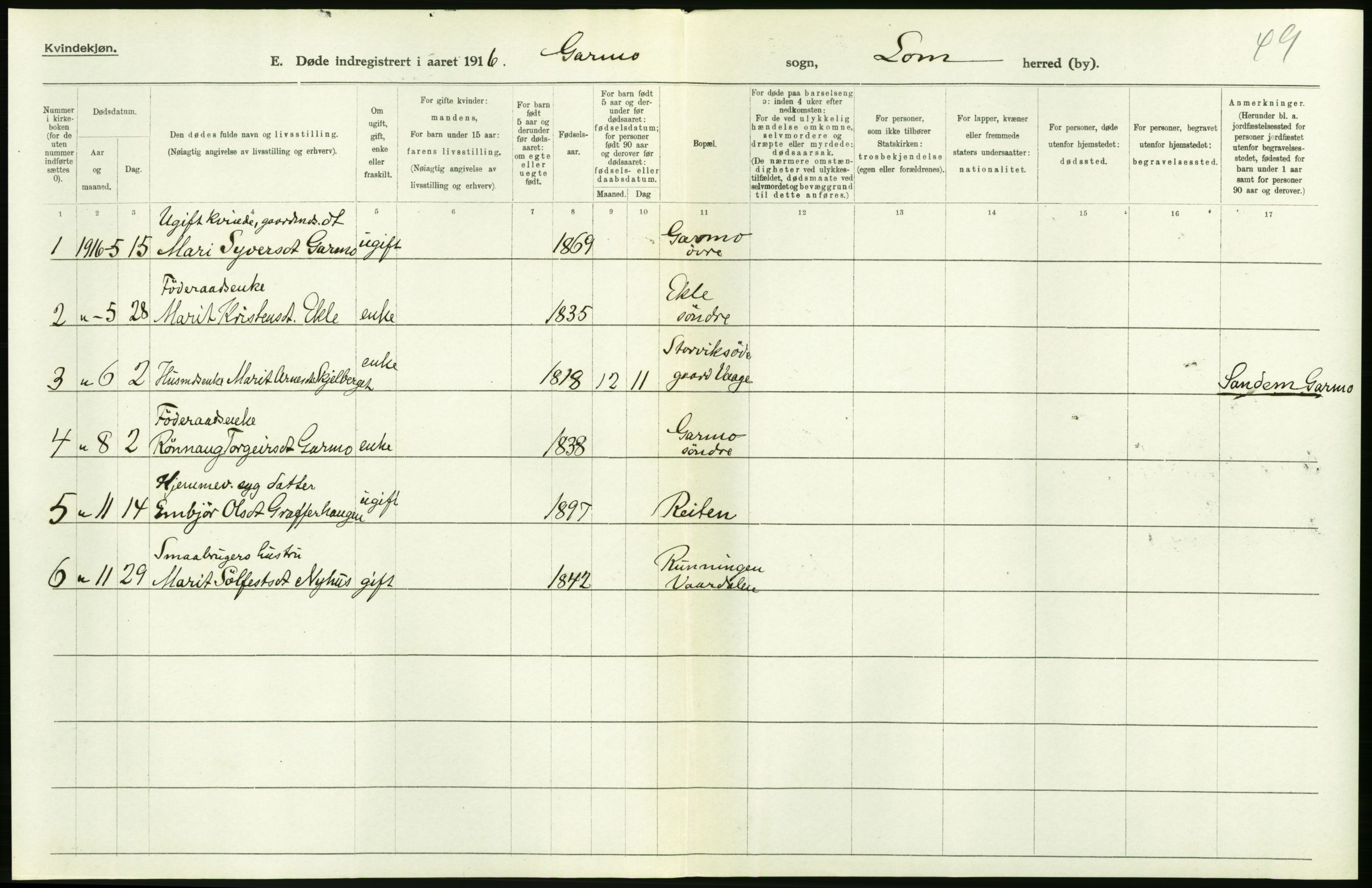 Statistisk sentralbyrå, Sosiodemografiske emner, Befolkning, AV/RA-S-2228/D/Df/Dfb/Dfbf/L0016: Kristians amt: Døde. Bygder og byer., 1916, s. 216