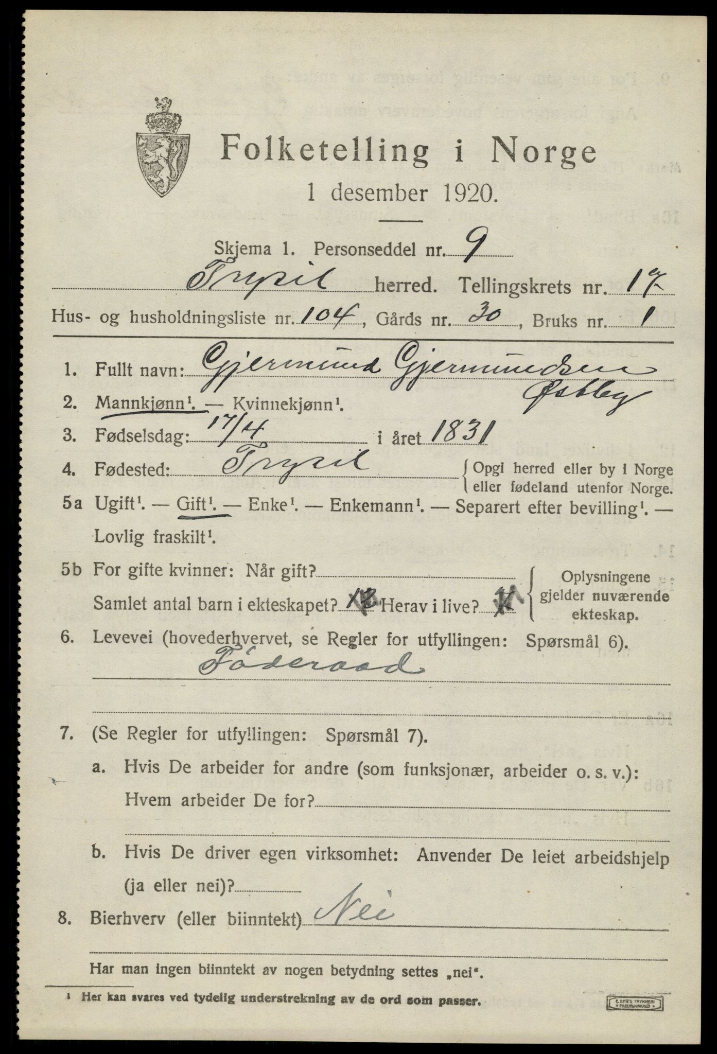SAH, Folketelling 1920 for 0428 Trysil herred, 1920, s. 11399