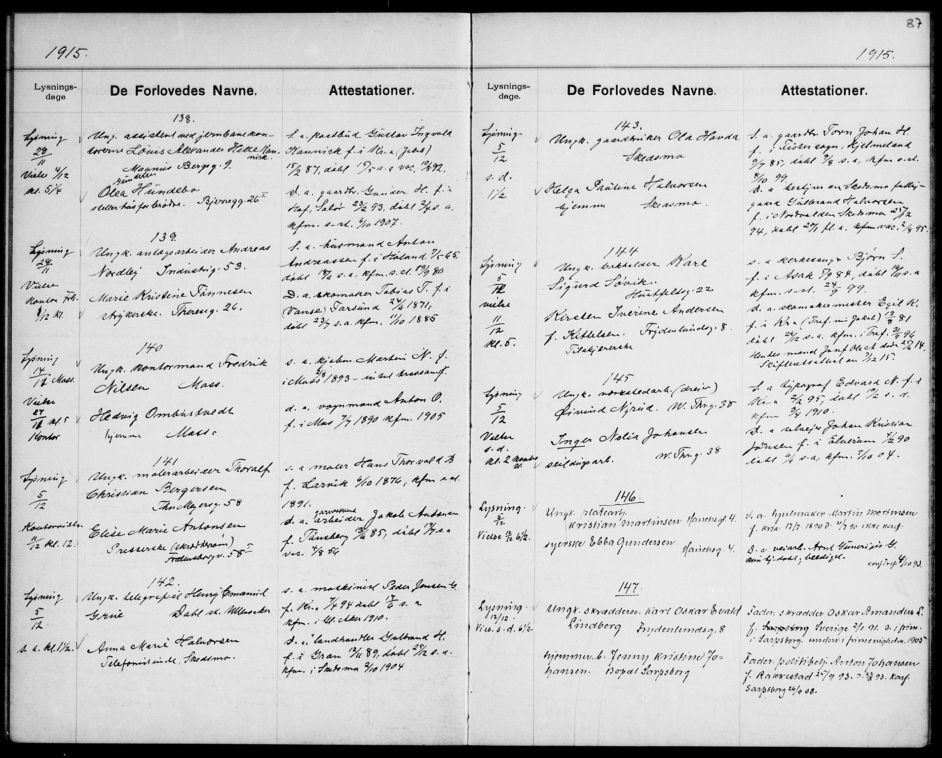 Gamle Aker prestekontor Kirkebøker, SAO/A-10617a/H/L0004: Lysningsprotokoll nr. 4, 1909-1918, s. 87