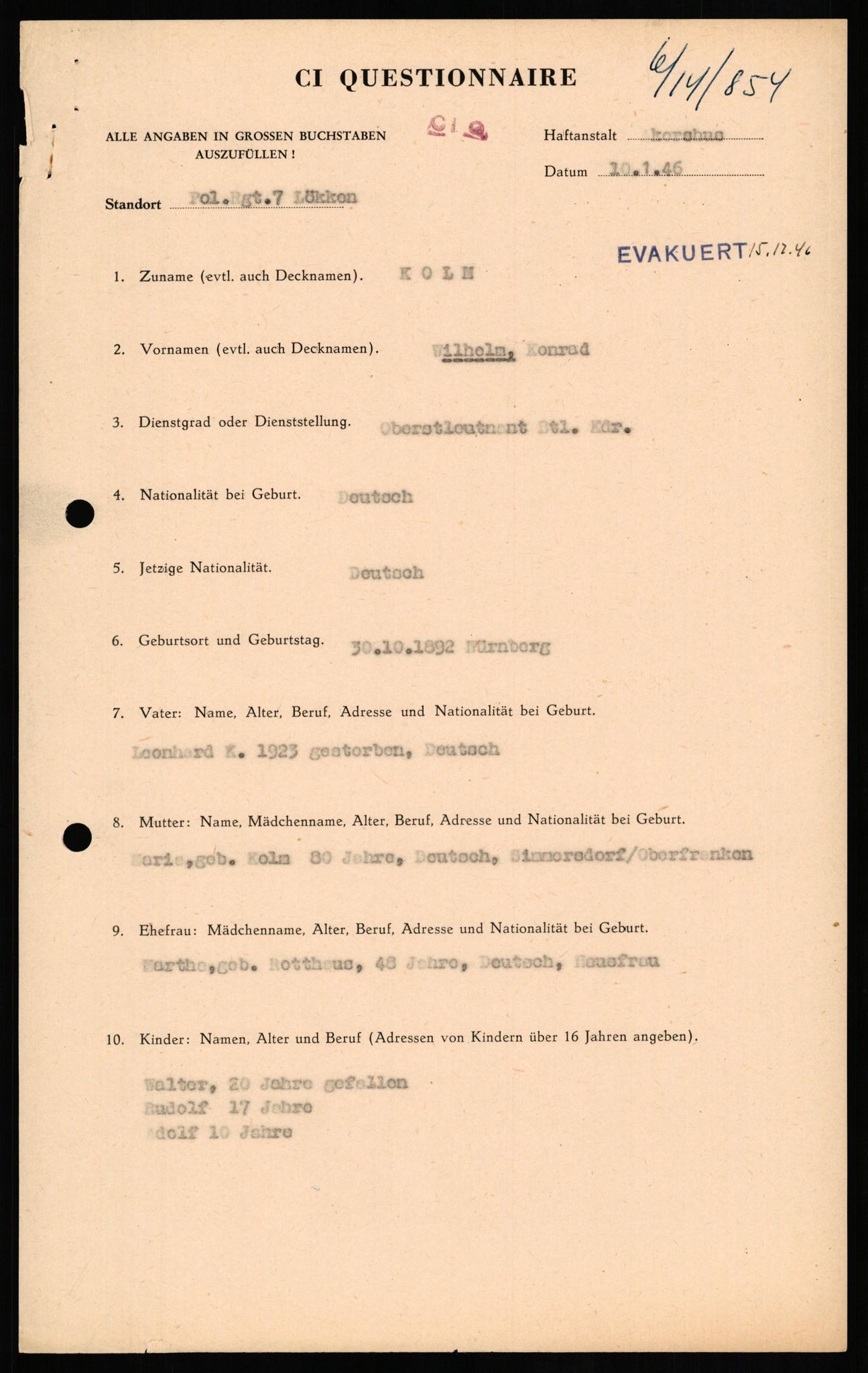 Forsvaret, Forsvarets overkommando II, AV/RA-RAFA-3915/D/Db/L0017: CI Questionaires. Tyske okkupasjonsstyrker i Norge. Tyskere., 1945-1946, s. 480