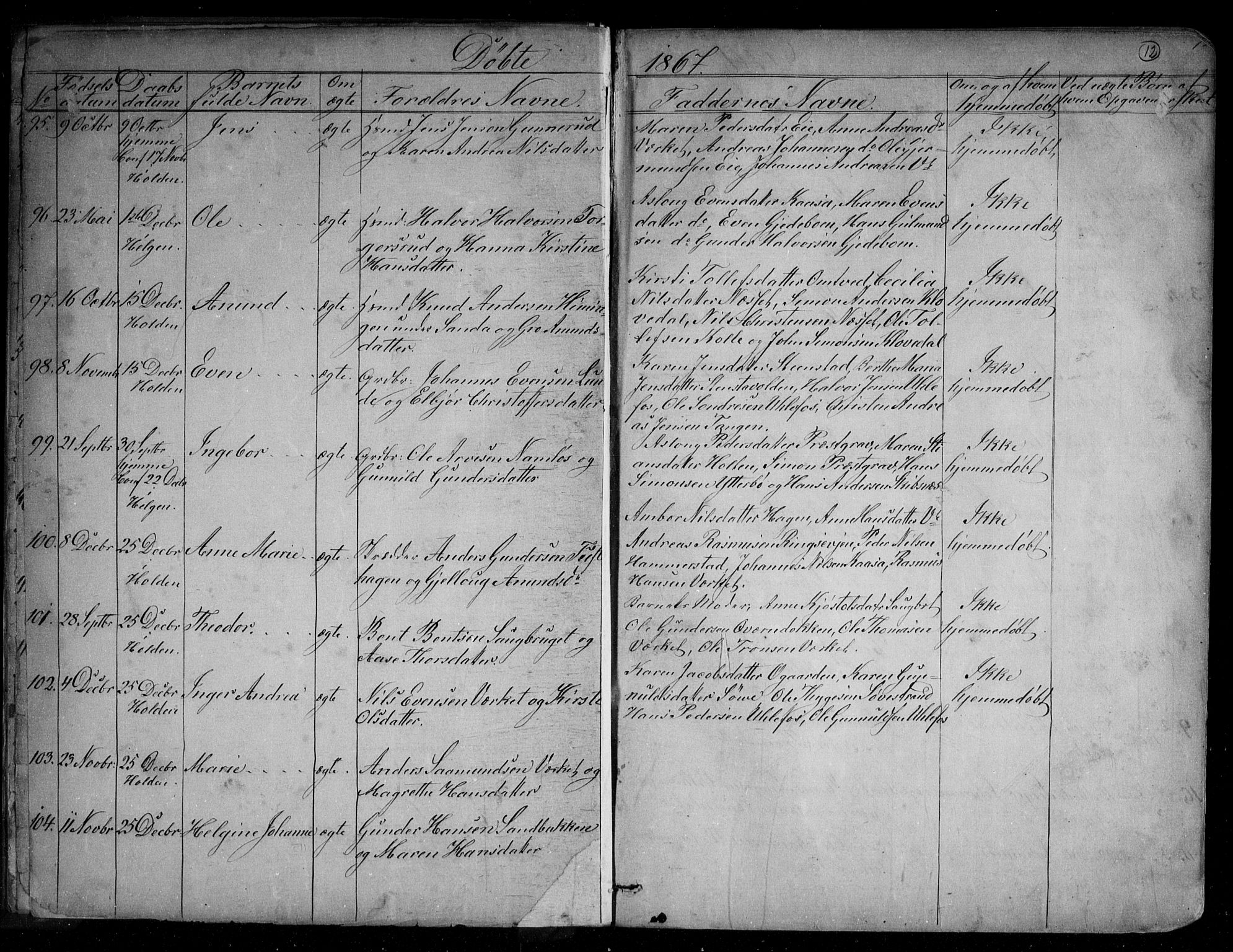 Holla kirkebøker, AV/SAKO-A-272/G/Ga/L0004: Klokkerbok nr. I 4, 1867-1890, s. 12