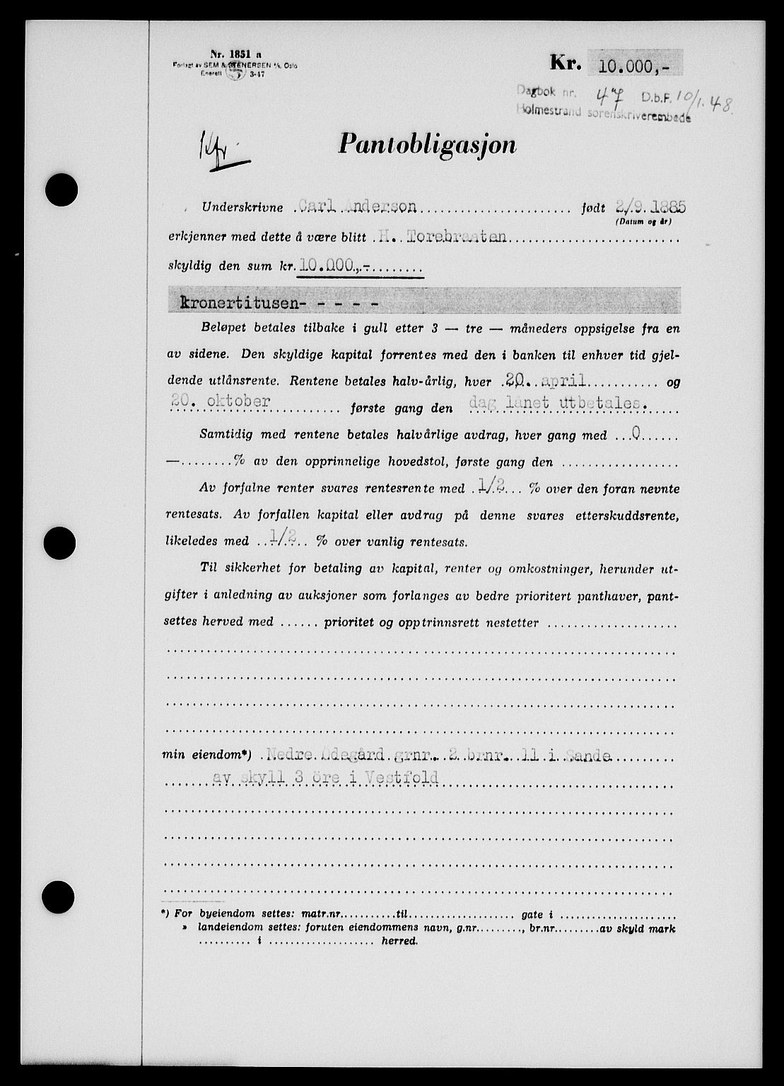 Holmestrand sorenskriveri, SAKO/A-67/G/Ga/Gab/L0058: Pantebok nr. B-58, 1947-1948, Dagboknr: 47/1948