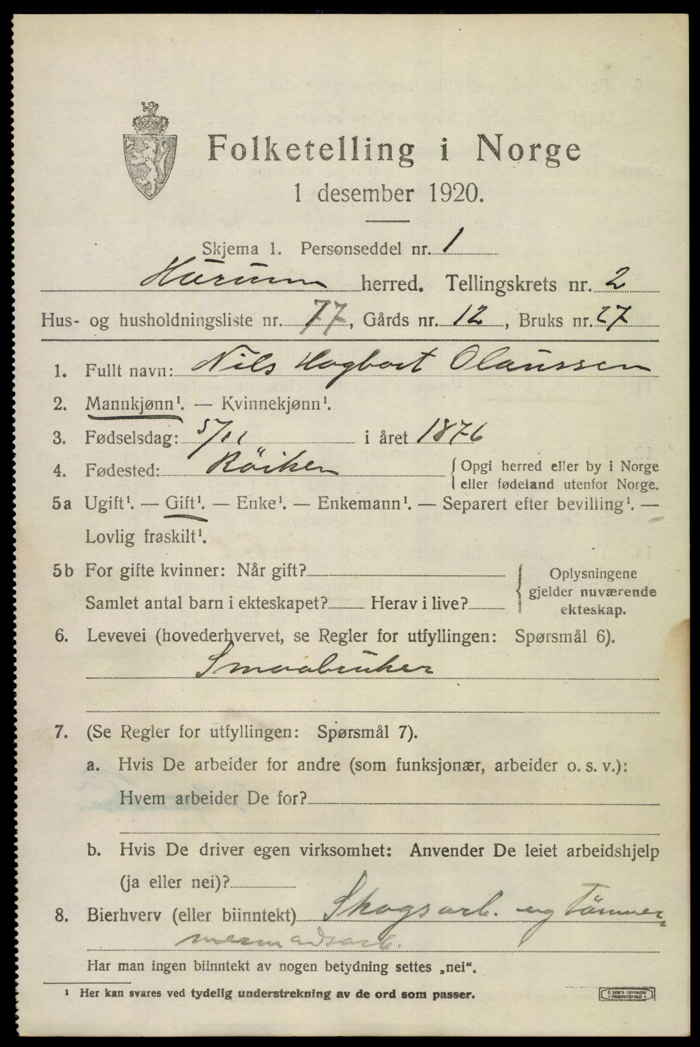SAKO, Folketelling 1920 for 0628 Hurum herred, 1920, s. 4596