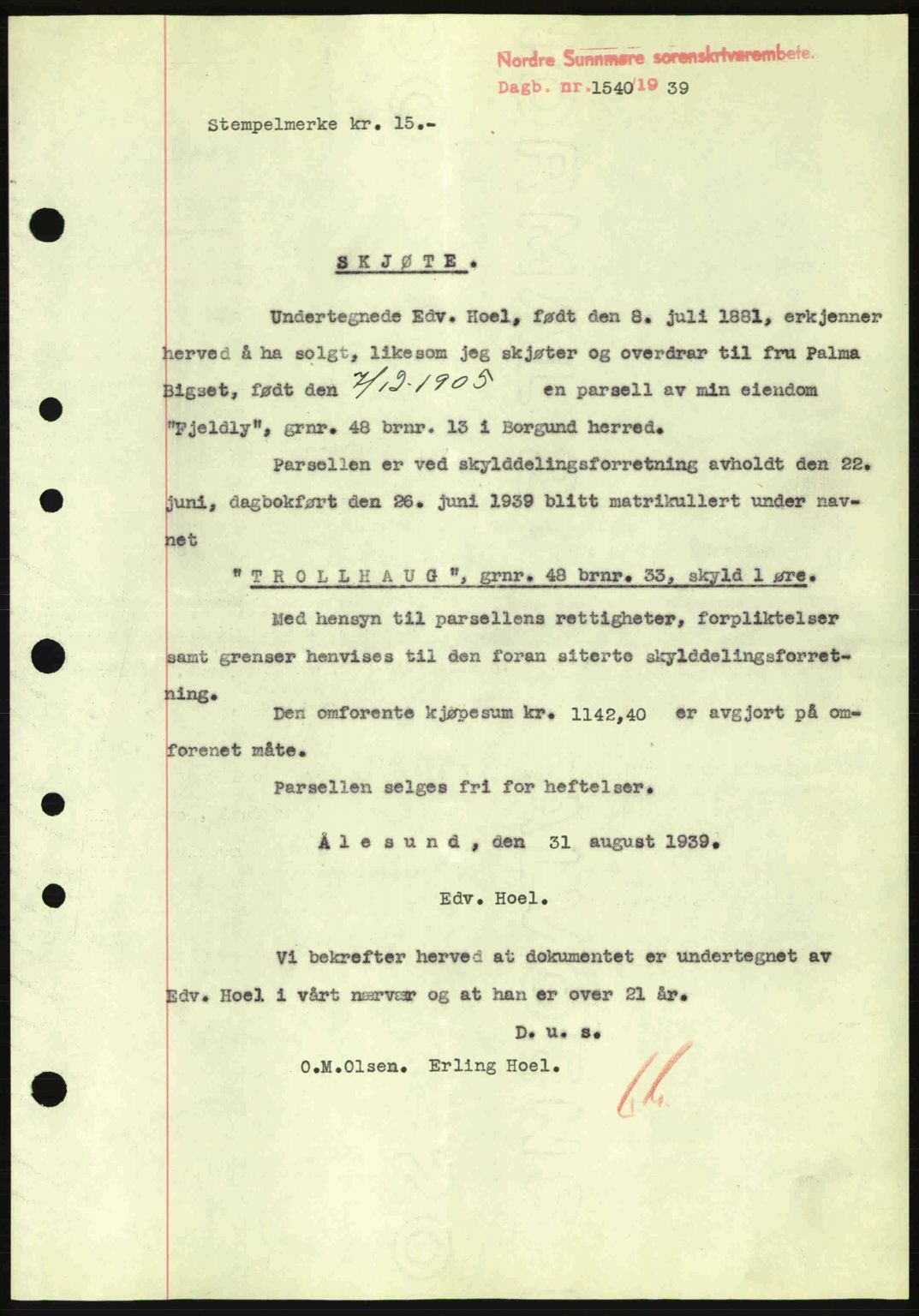 Nordre Sunnmøre sorenskriveri, SAT/A-0006/1/2/2C/2Ca: Pantebok nr. A7, 1939-1939, Dagboknr: 1540/1939