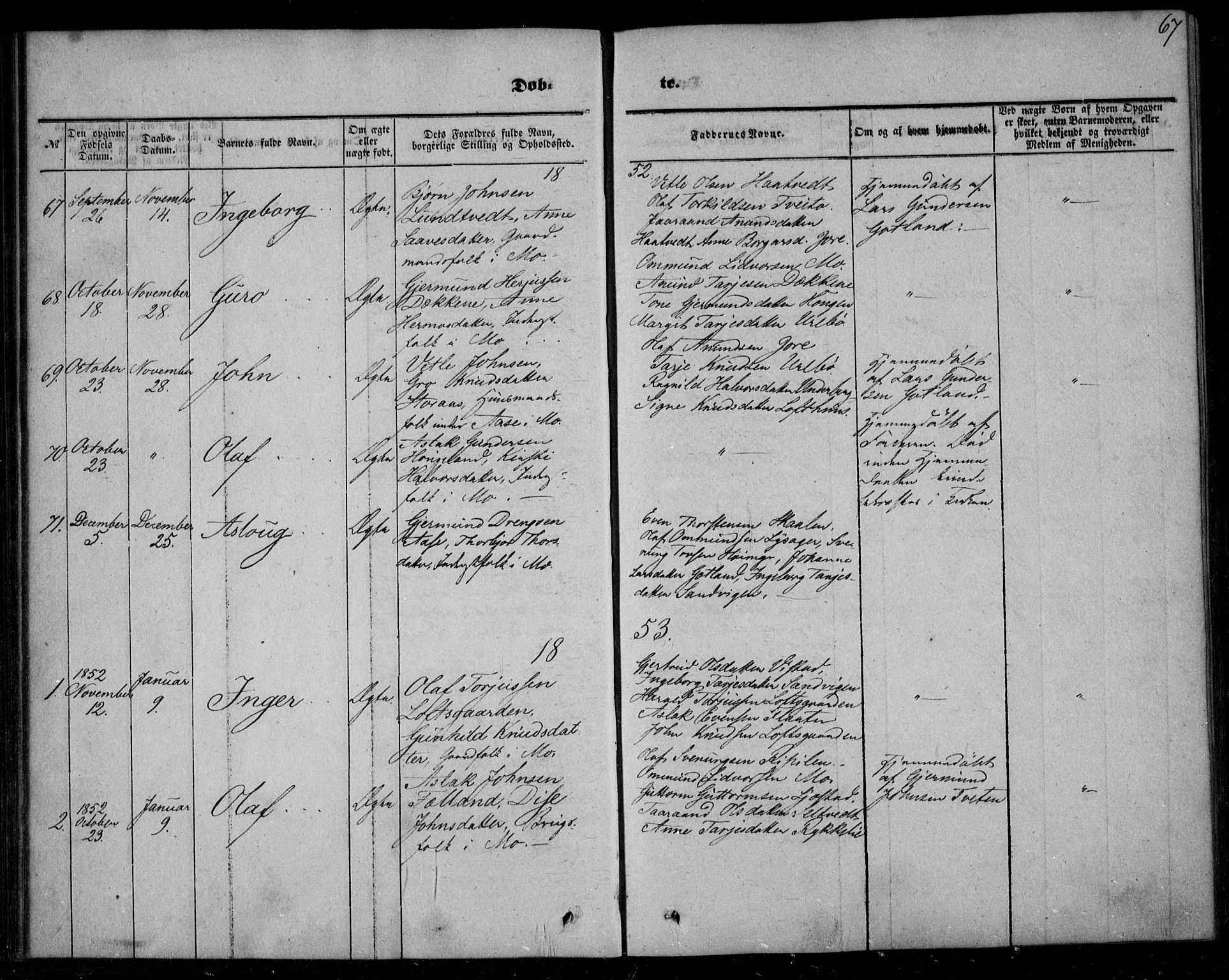 Mo kirkebøker, AV/SAKO-A-286/F/Fa/L0005: Ministerialbok nr. I 5, 1844-1864, s. 67