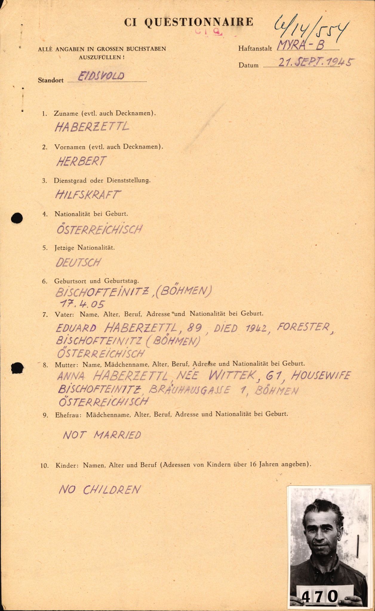 Forsvaret, Forsvarets overkommando II, RA/RAFA-3915/D/Db/L0011: CI Questionaires. Tyske okkupasjonsstyrker i Norge. Tyskere., 1945-1946, s. 134