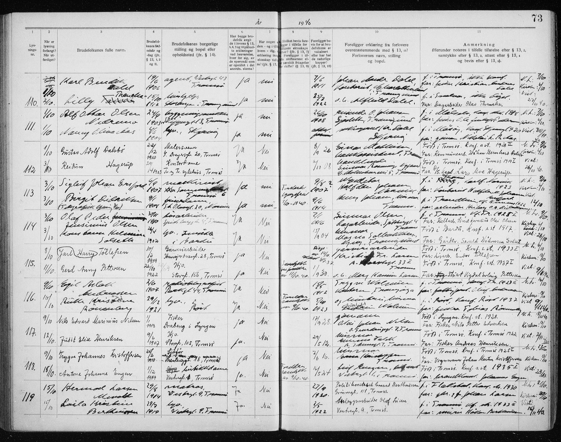 Tromsø sokneprestkontor/stiftsprosti/domprosti, AV/SATØ-S-1343/H/Hc/L0101: Lysningsprotokoll nr. 101, 1933-1943, s. 73