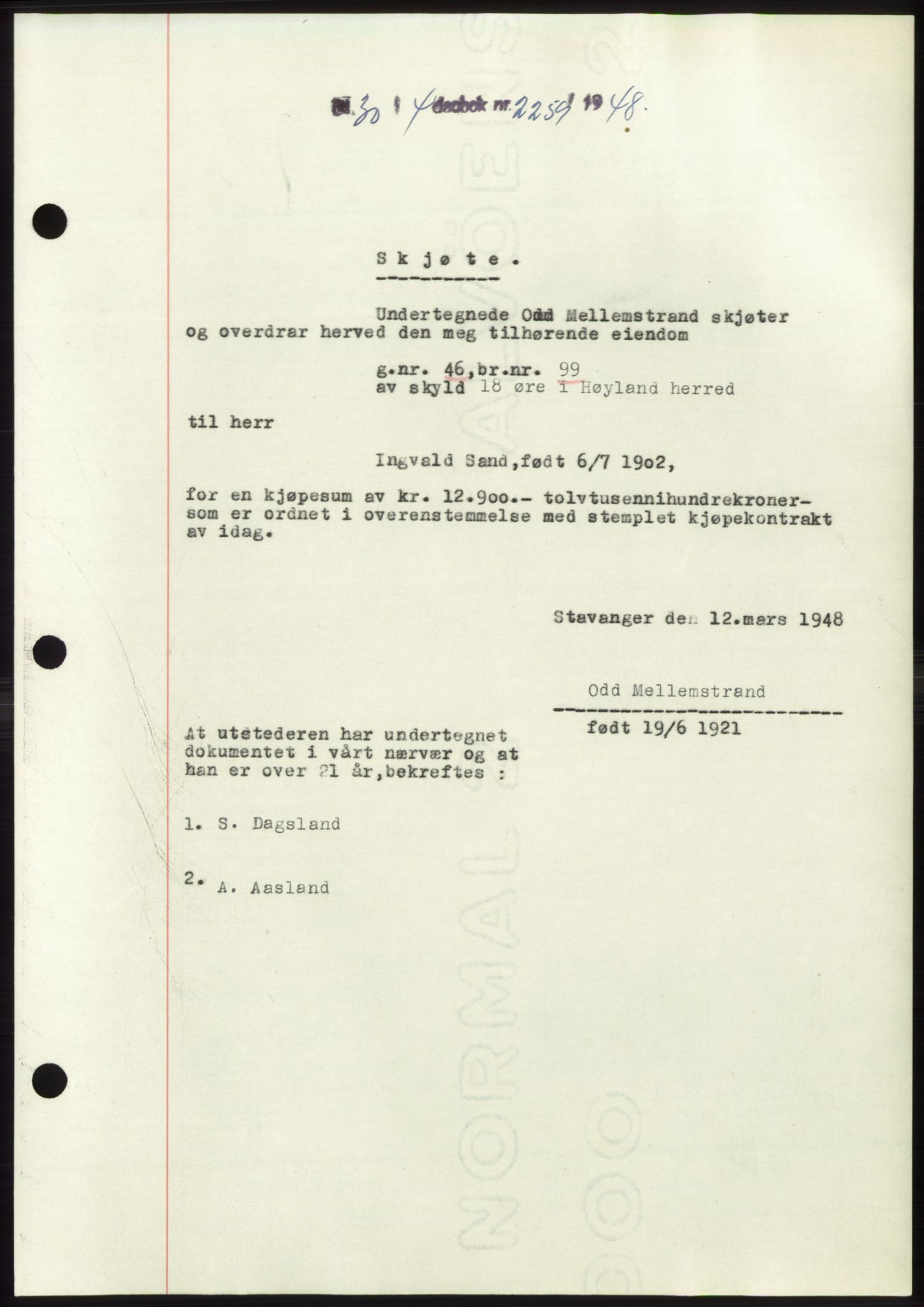 Jæren sorenskriveri, SAST/A-100310/03/G/Gba/L0098: Pantebok, 1948-1948, Dagboknr: 2259/1948