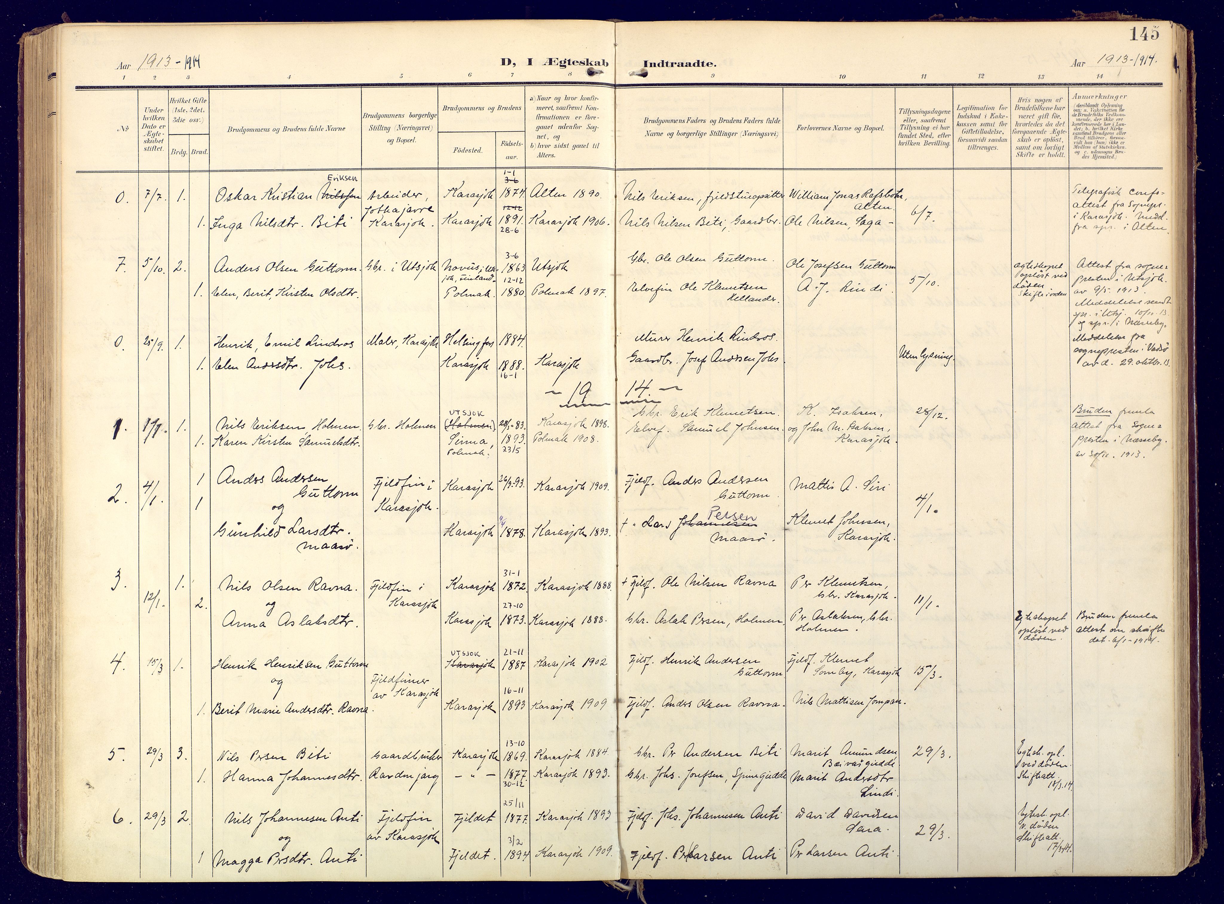 Karasjok sokneprestkontor, AV/SATØ-S-1352/H/Ha: Ministerialbok nr. 3, 1907-1926, s. 145
