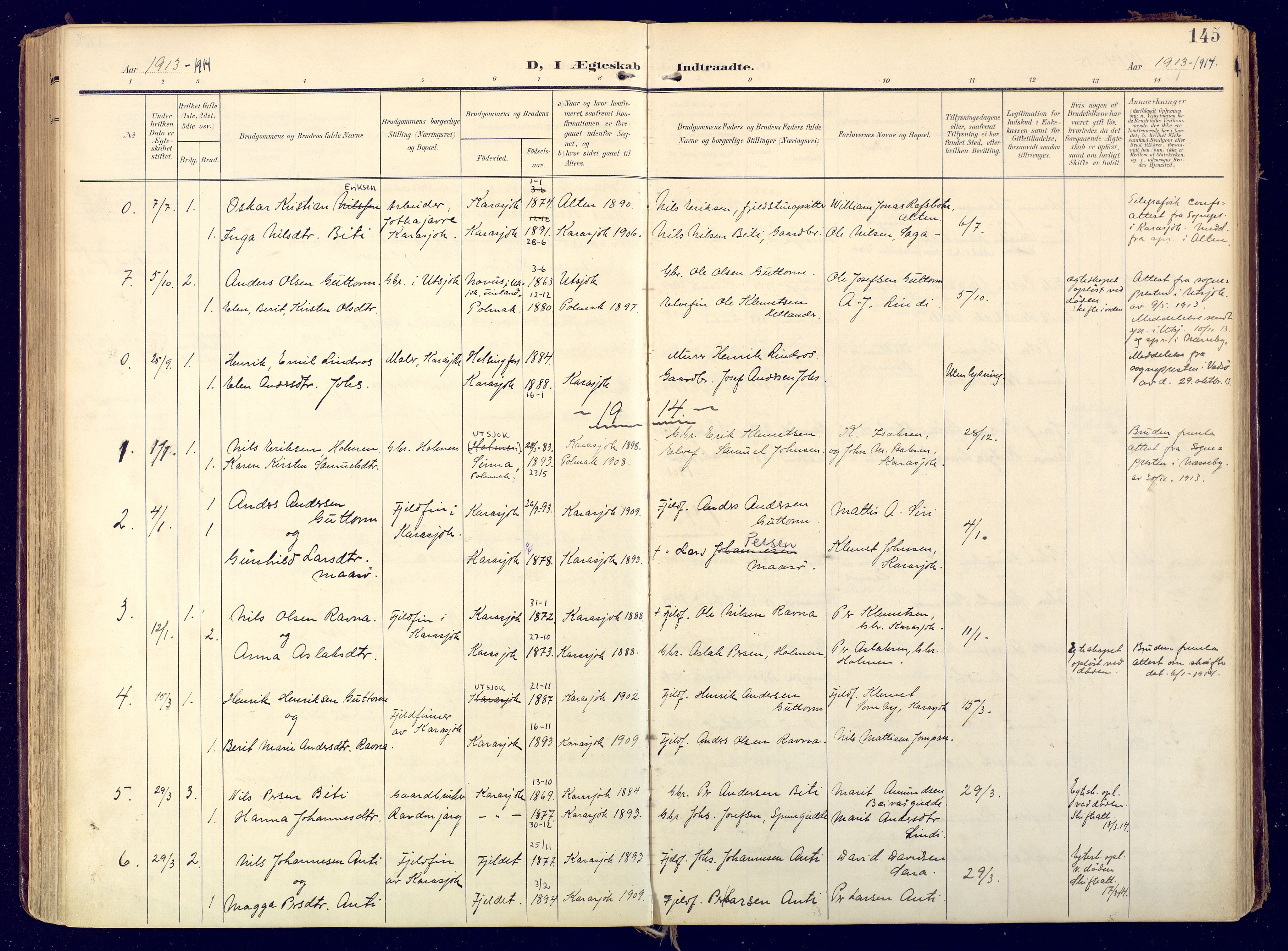 Karasjok sokneprestkontor, SATØ/S-1352/H/Ha: Ministerialbok nr. 3, 1907-1926, s. 145